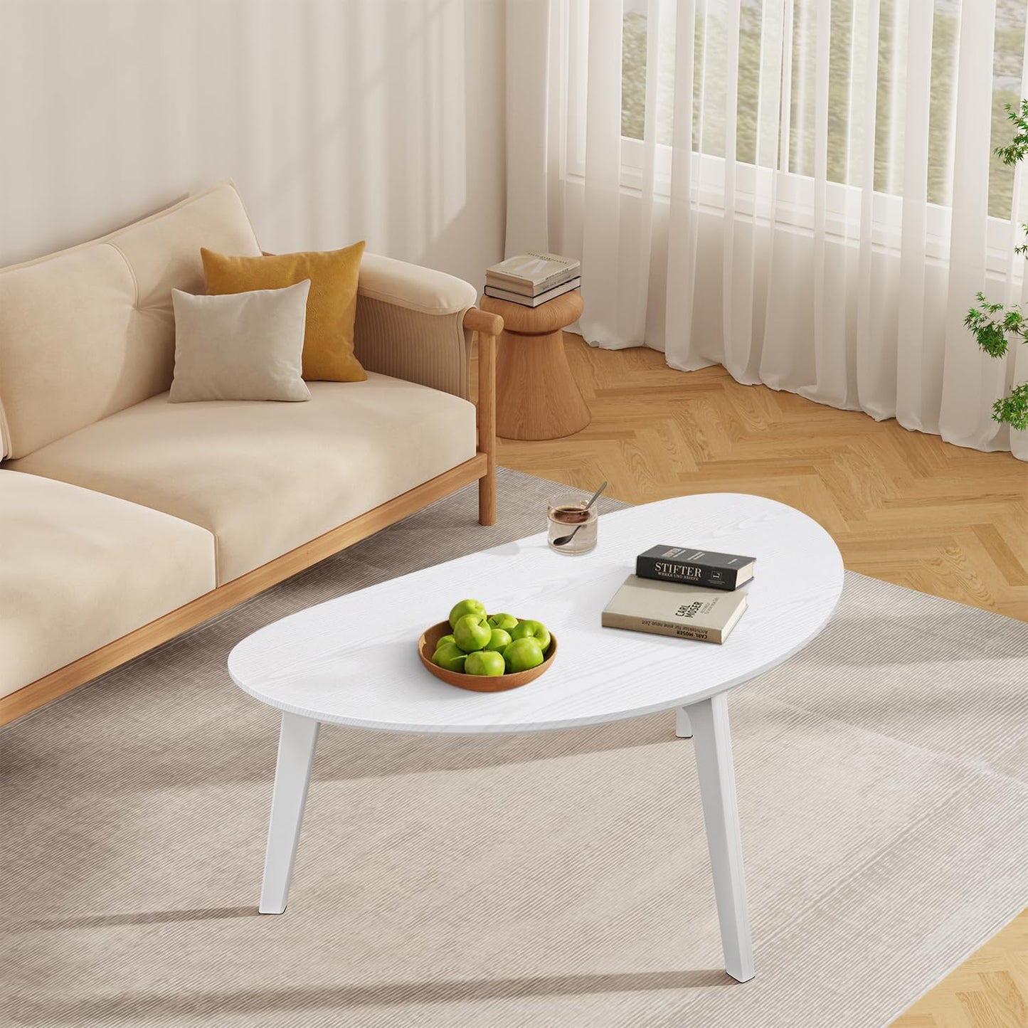 White Oval Coffee Table for Small Space,Mid Century Modern Coffee Table for Living Room, Bedroom 19" D x 34" W x 16" H