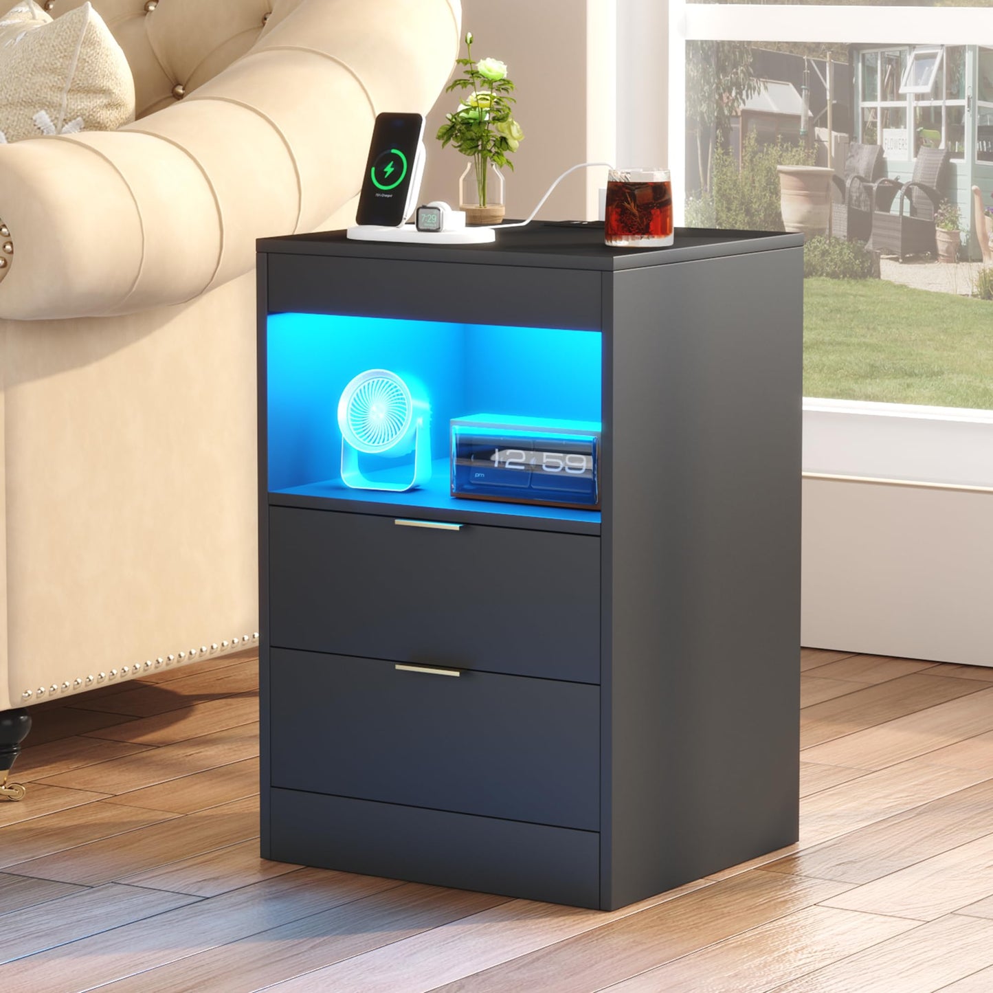 Gadroad Night Stand, LED Nightstand with Charging Station, Wood Bedside Table, End Table Sofa Couch Side Table with Pull-Out Shelf, Black