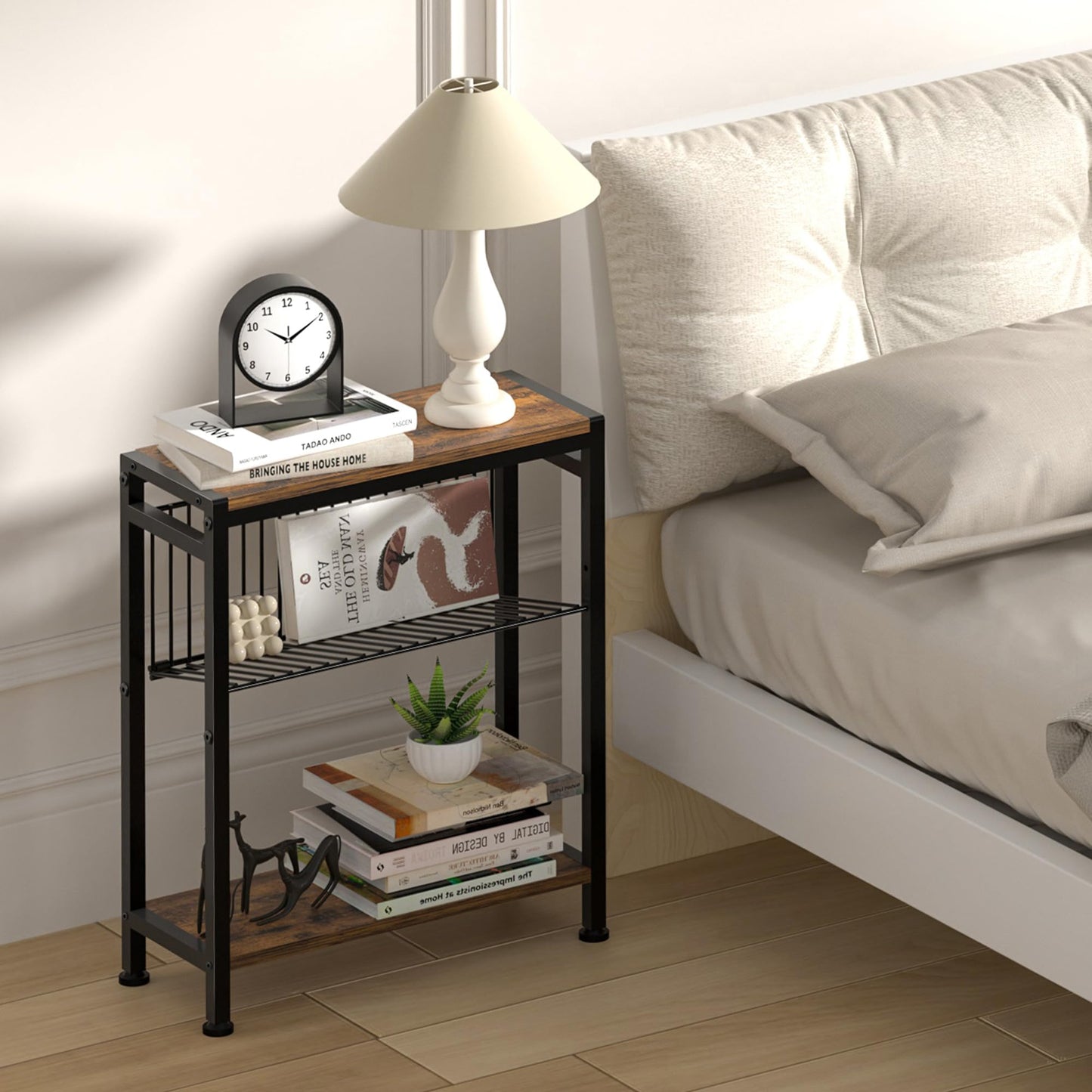 Lifenite Side Table for Small Spaces, Narrow End Table with Magazine Holder, 2 in 1 Design Slim Side Table, Skinny Nightstand for Living Room Bedroom, Thin Side Magazine Table, Rustic Brown