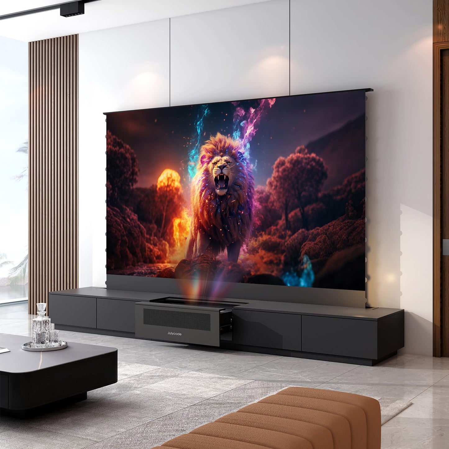 Julycode Motorized Laser TV Cabinet with ALR Floor-Rising Screen for Ultra - Short Throw Projector (Black, 100'' Laser Cabinet)
