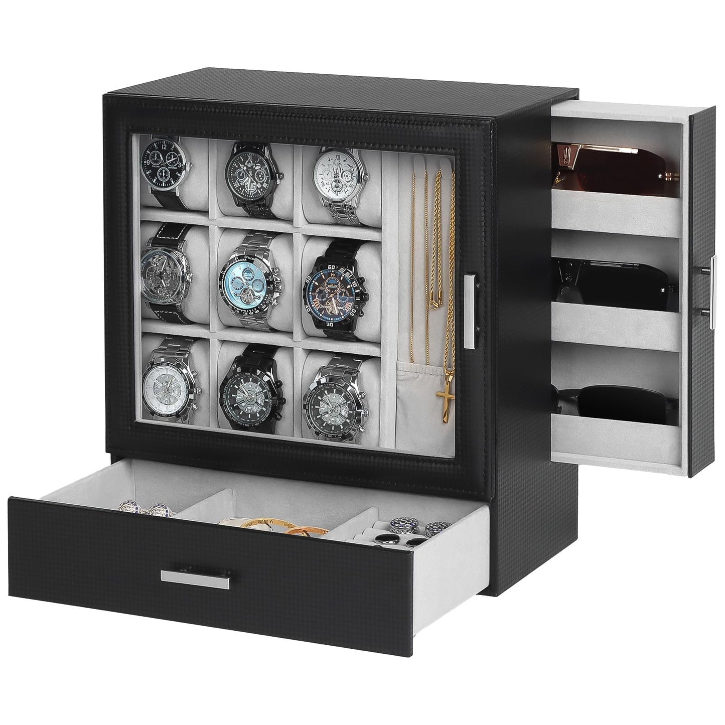 Kukikan 9-Slot Watch Display Case with Necklace Display, High End Men Jewelry Box w/Drawer, Standing Watch Box for Men w/Clear Lid, Watch Case for Sunglasses, Vertical Storage, Fathers Day Gift