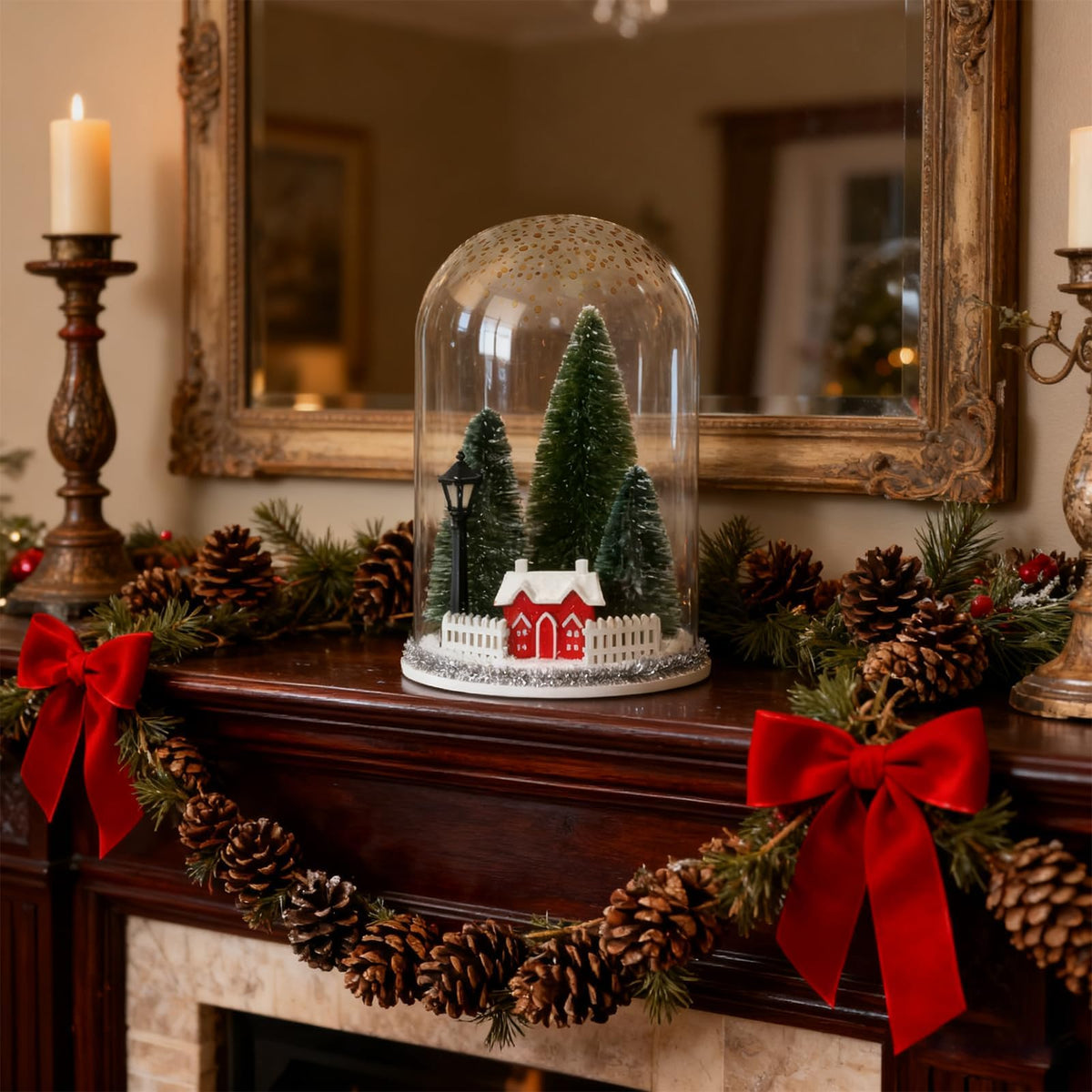 Christmas Decorations Table Centerpieces, Christmas Trees and Red House in Dome Cloche, Xmas Winter Tabletop Decor for Tiered Tray Shelf Mantel Fireplace Coffee Bar Office Desk Holiday Decoration