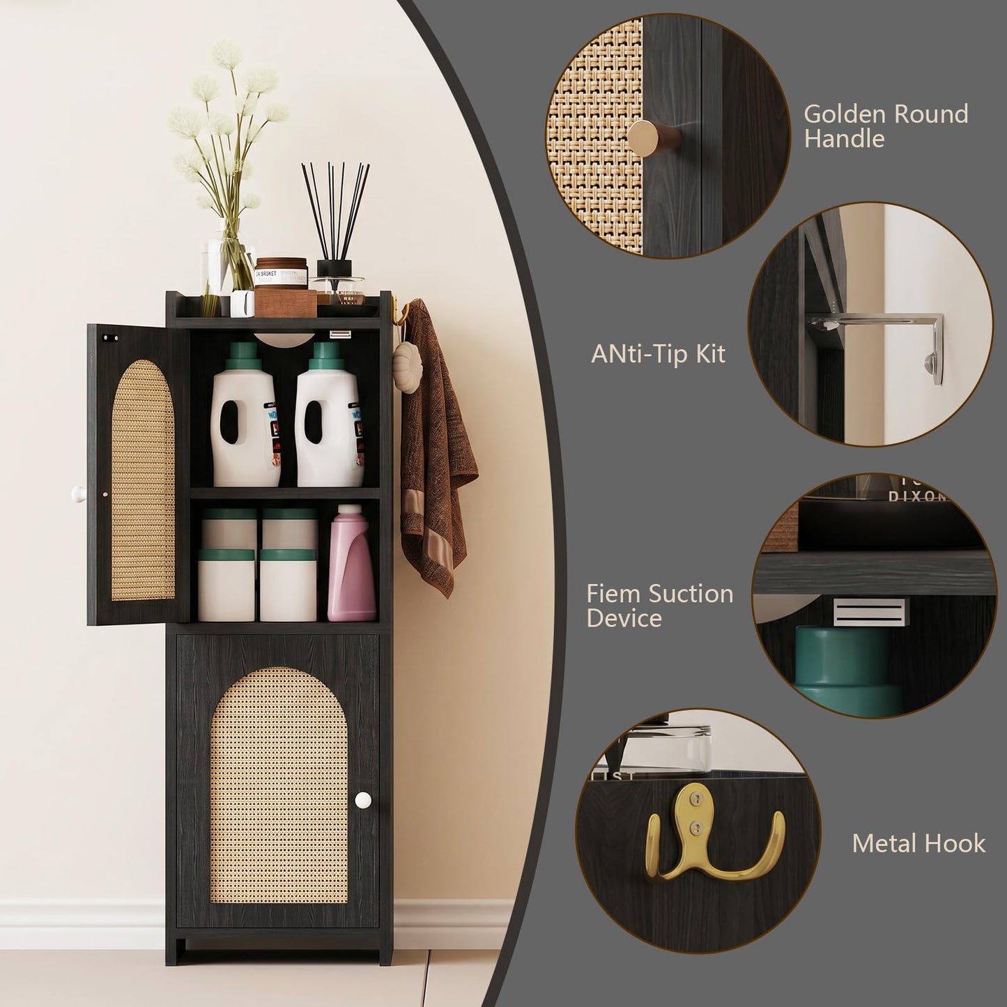 Rattan Bathroom Storage Cabinet,Corner Floor Cabinet with 2 Doors and Adjustable Shelf, Narrow Toilet Paper Cabinets with 2Hooks,Toilet Organizer for Small Spaces,7.87"D*9.84"W*29.72"H（Black）