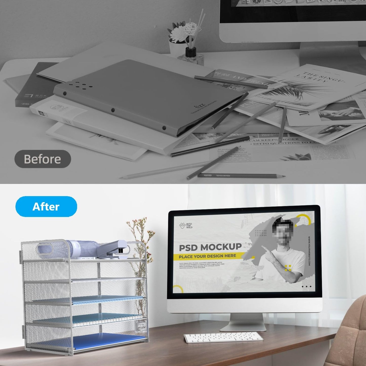 Letter Tray Paper Organizer 5-Tier Desk Organizer File Organizer Paper Holder with Handle, Metal Desktop Document Shelf Tray Office Classroom Organization - White