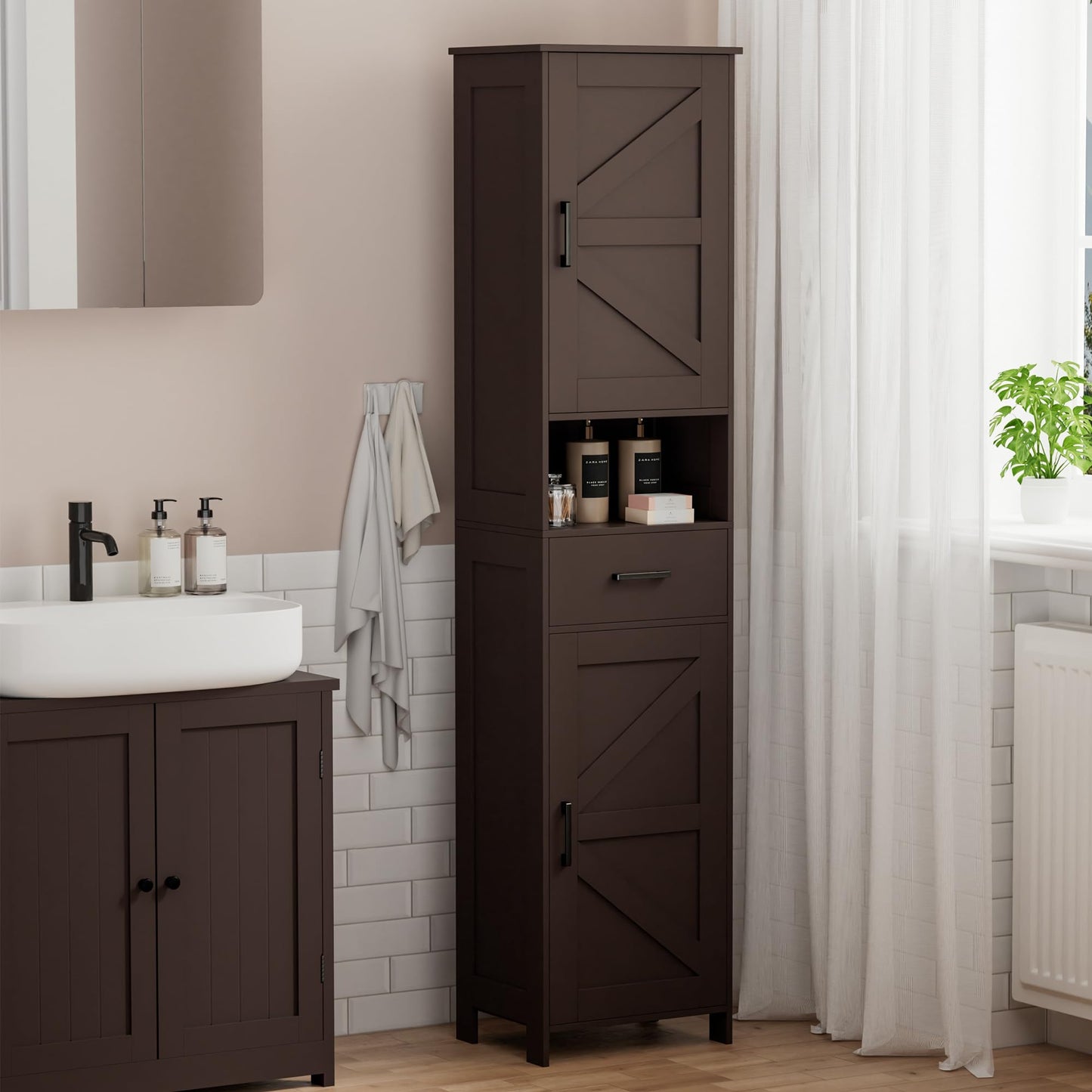 Homhedy 67" H Tall Bathroom Storage Cabinet with 2 Barn Doors and 1 Drawer, Narrow Storage Unit, Adjustable Shelves, Floor Cabinet for Bathroom, Living Room, Entryway, Kitchen, Brown, (15.7" W)