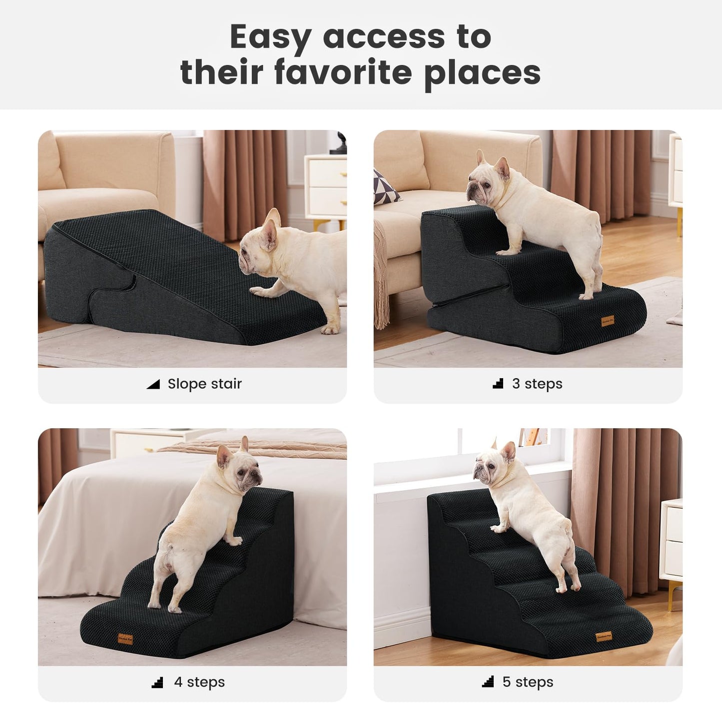 Gardner Pet Dog Stairs for Small Dogs 19.7" H, 4-Step Black Curved Pet Stairs, Dog Steps for High Bed (18-24 in), Couch with Durable Non-Slip Waterproof Fabric Cover and CertiPUR-US Certified Foam