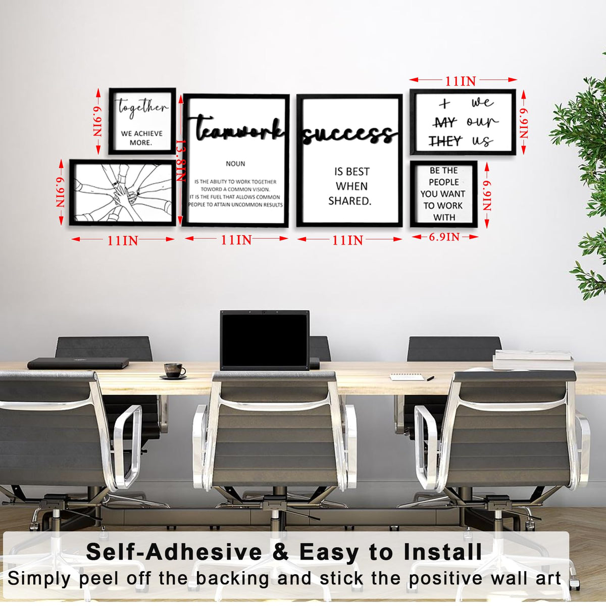 3D Wood Office Wall Art, Framed Inspirational Teamwork Wall Art, Motivational Quotes Wall Decor for Office Break Conference Room (Set of 6, Framed, Ready to Hang)