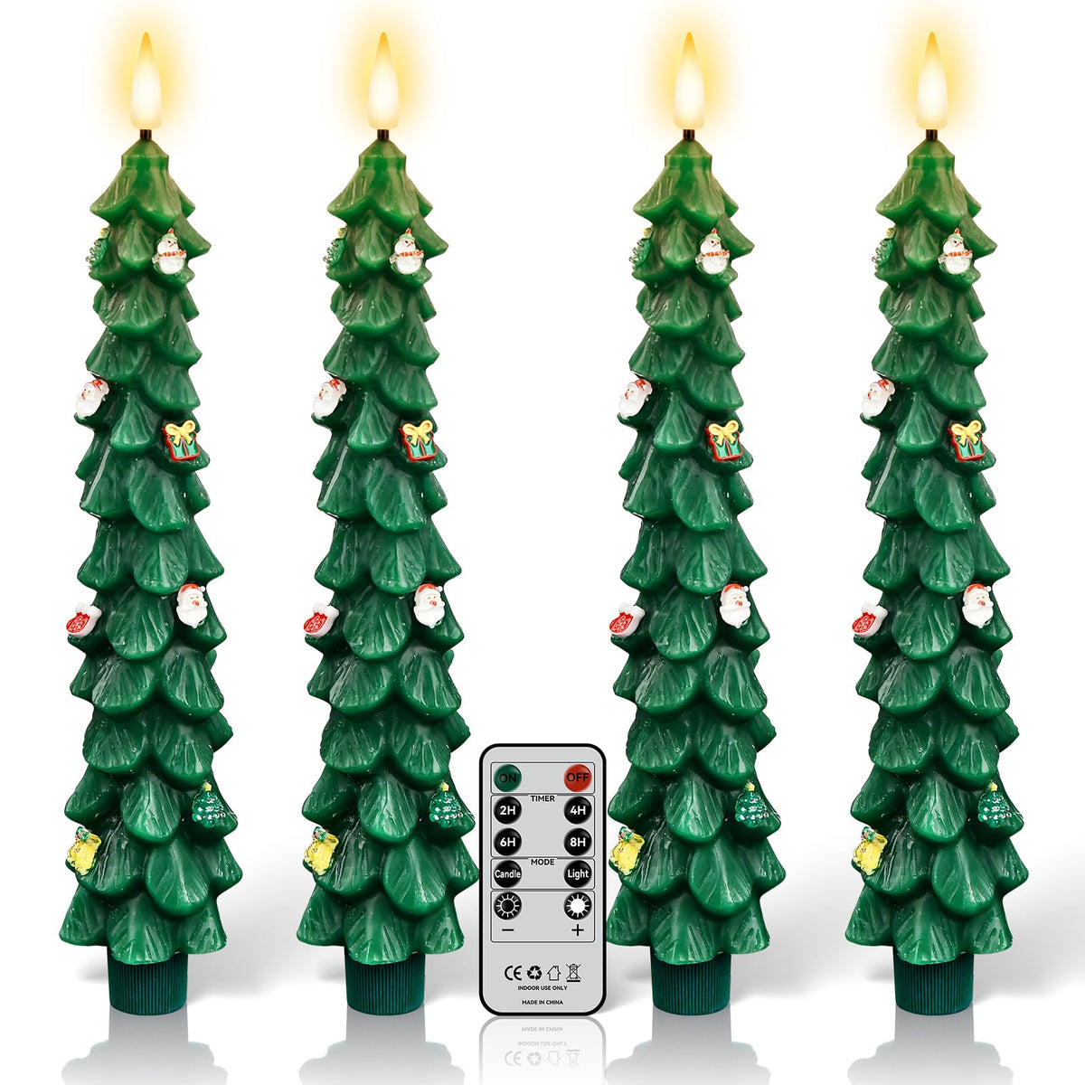 ZLCYFJIXV Flameless Christmas Tree Candles with Remote, 4 Pack 9.8” LED Battery Operated Taper Candles, Green 3D Sticker Flickering Candlesticks for Holiday Home Decoration
