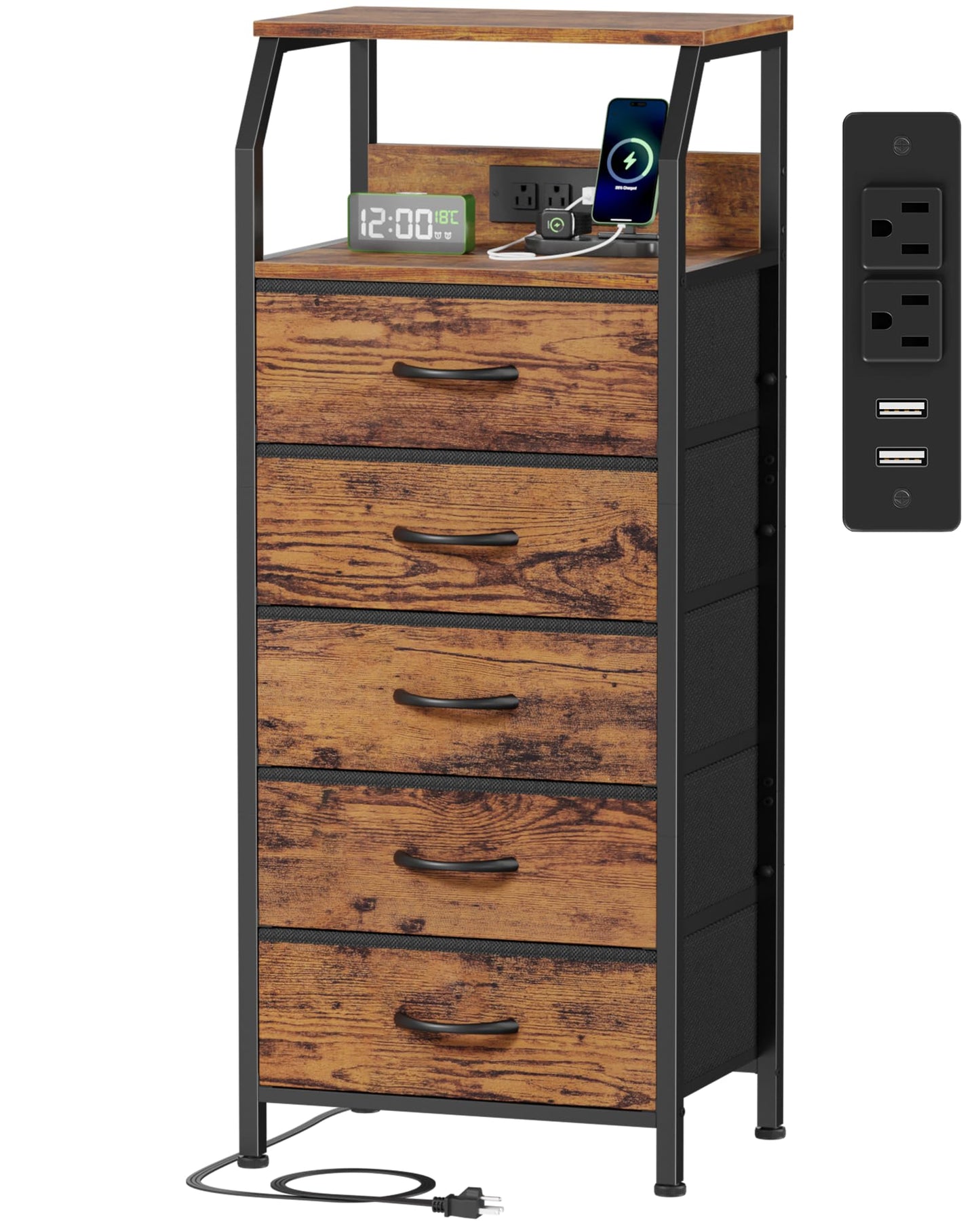 Furnulem 5 Drawers Dresser with Charging Station, Tall Night Stand with Storage Shelf, Fabric Chest of Drawers, Bedside Table for Closet, Entryway, Bedroom Furniture, 3 Ways to Use, Rustic Brown