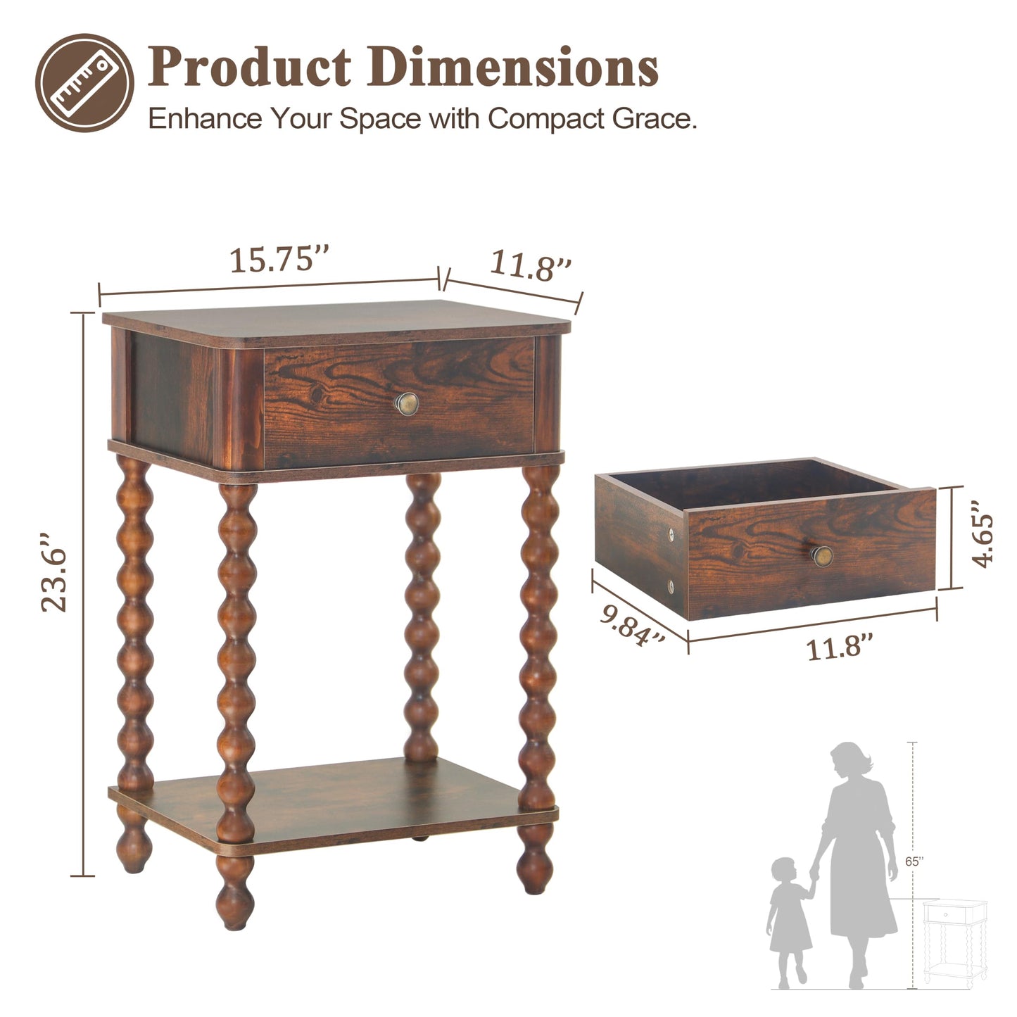 AWASEN Nightstand, Mid Century Modern Night Stand with Drawer for Living Room, Modern Bedside End Table with Spindle Wood Legs for Bedroom, Office, Rustic Brown