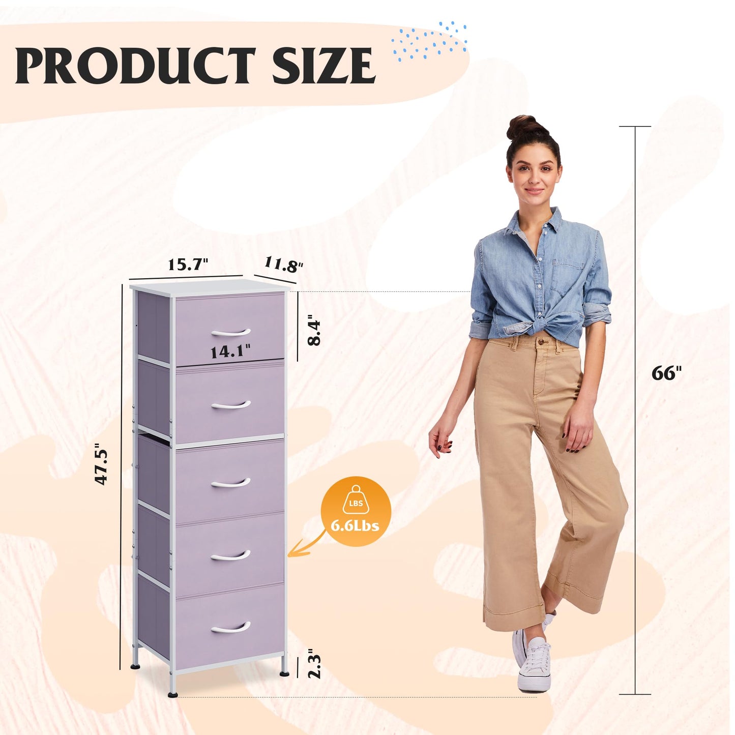WLIVE Fabric Dresser, 5-Drawer Tall Dressers for Bedroom, Storage Dresser Organizer with Fabric Bins, Wood Top, Sturdy Steel Frame, Chest of Drawers for Closet, Hallway, Purple