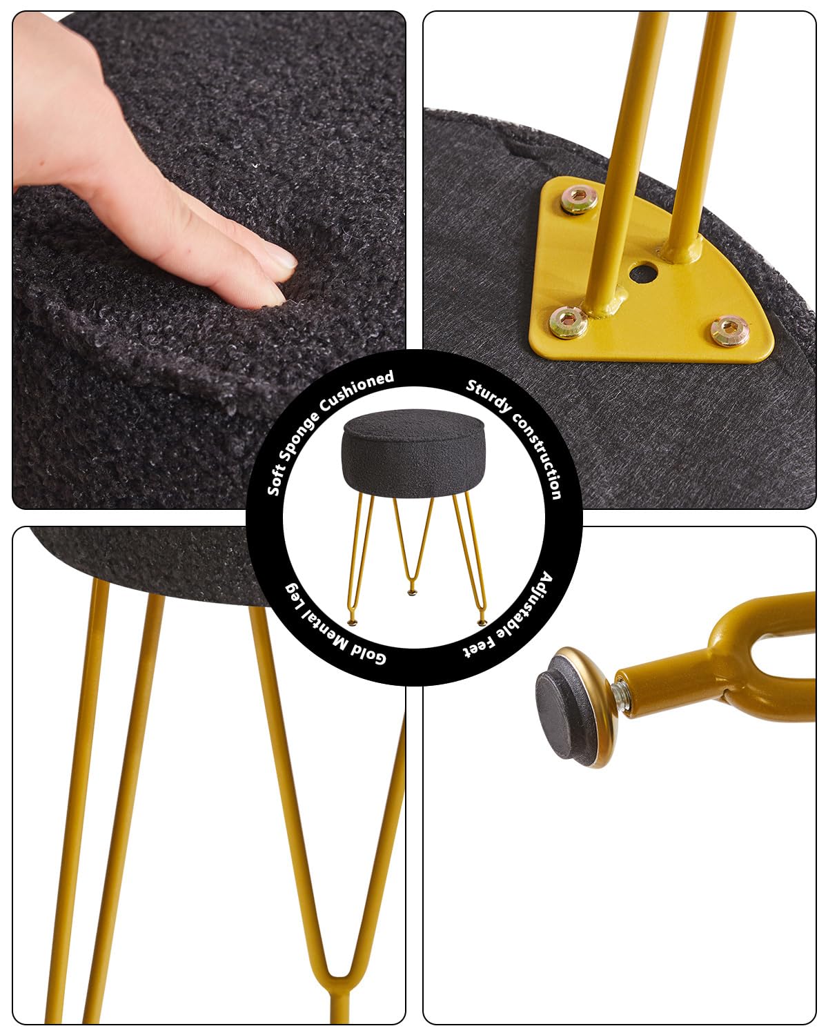 IBUYKE Teddy Velvet Round Footrest Ottoman, Makeup Vanity Side Table, Velvet Dressing Table Seat, Pouf Couch Stool for Living Room Bedroom, Black WBD009B
