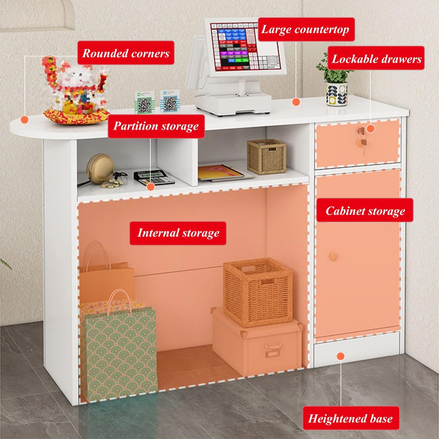 Reception Desk Counter Table, Modern front desk Small Retail Counter Checkout Wood Cashier Table office Computer Workstation With Lockable Drawer and Storage Cabinet, for Checkout Salon, Lobby, Stor