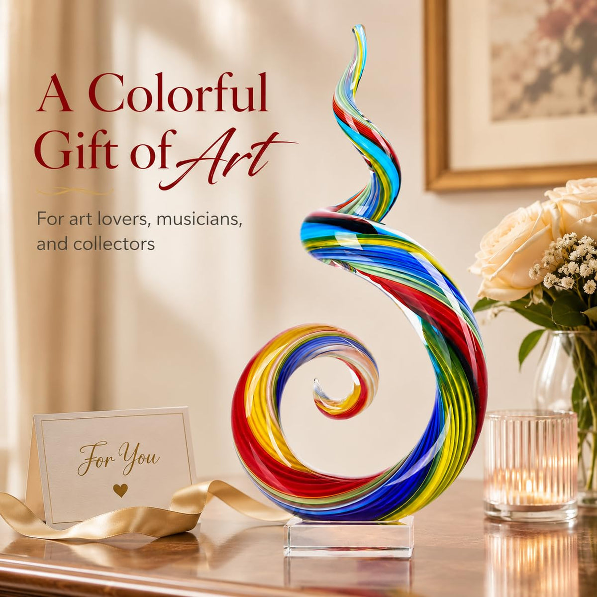 XMGZQ 13.7" Colour Hand-Blown Art Glass Sculpture,Abstract Rainbow Swirl Style Sea Glass Statue and Figurine,Coastal Ocean Nautical Home Decor,Shelf,TV Stand,Tabletop Centerpieces,Wonderful Gift