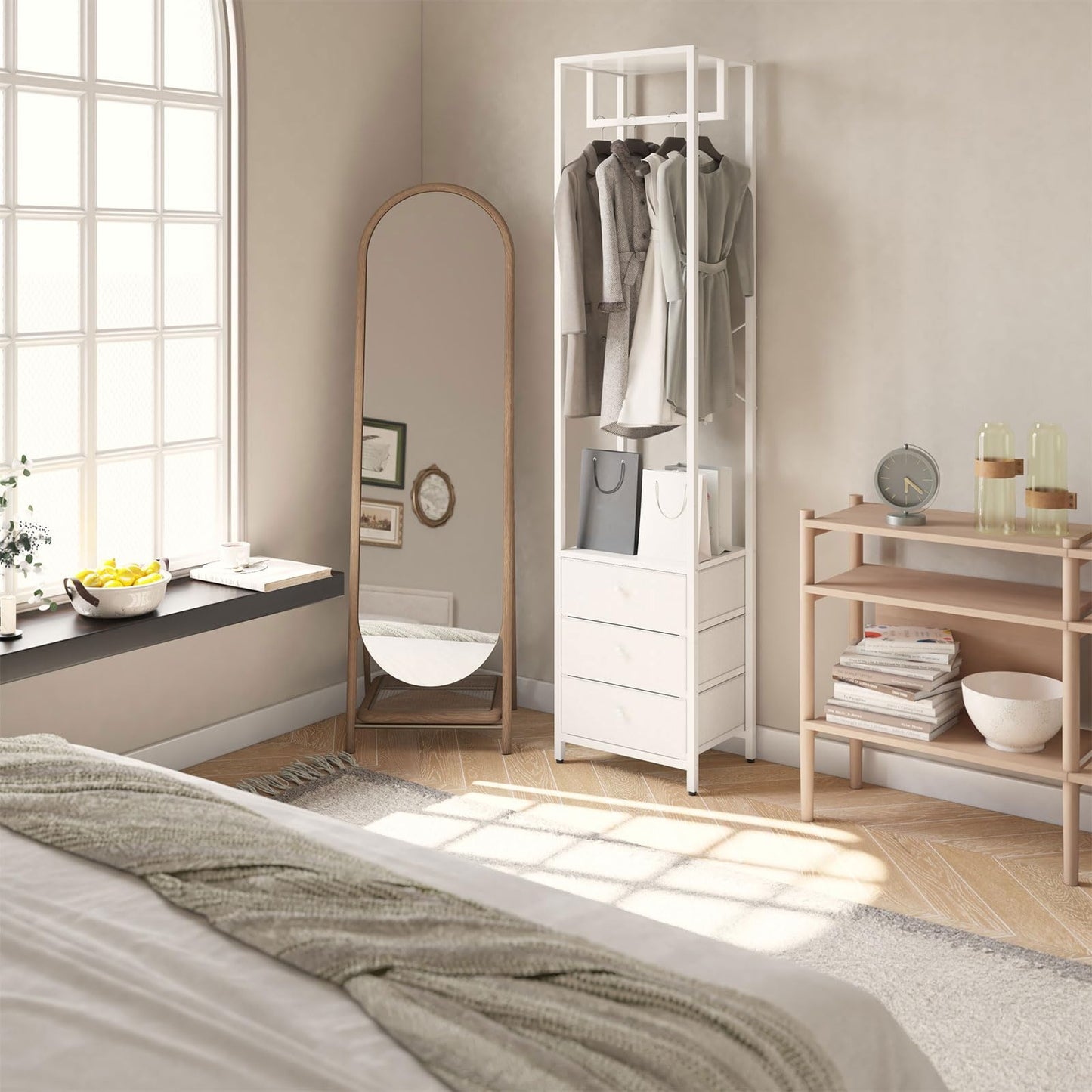 YMYNY Coat Racks, Clothes Rack with Drawers, Freestanding Tall Closet Organizer with 3 Fabric Drawers, Clothes Stand for Hanging Shirts, Coat,15.35" L×11.41" W×70.47" H, White UHGR001W