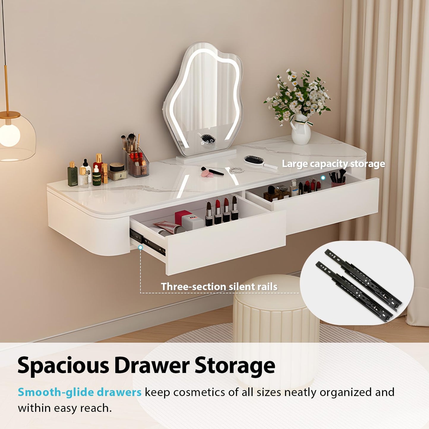 Quvex Fully Assembled Floating Makeup Vanity Desk, Wall Mounted Dressing Table with Drawers, Rounded Corners, 23.6" - 63" Available, Space-Saving Modern Hanging Dresser for Bedroom, Table Only