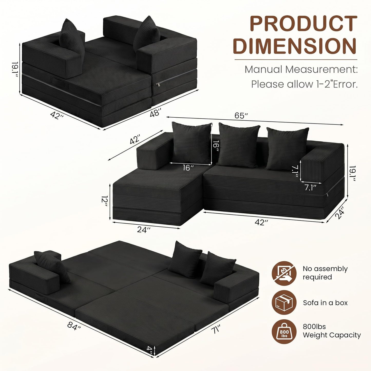 Ziydily Boneless Couches for Living Room, L Shaped Couch with Chaise, 4-in-1 Comfy Corduroy Fluffy Sofas, Mini Flexible Module Combination Compact Room Couch, No Assembly, Black