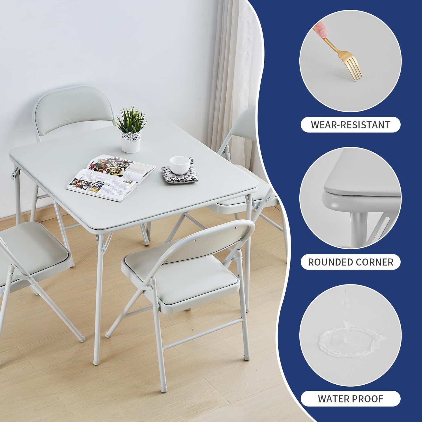 KAIHAOWIN Square Folding Table Vinyl Upholstery Card Table Dining Party Table with Collapsible Legs Portable for Indoor Outdoor-White