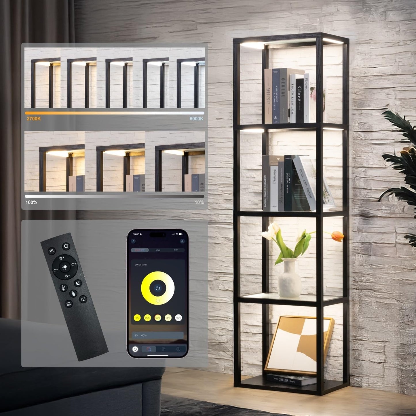 MITELSON Glass Display Shelf with Remote/APP Control, Curio Cabinet for Collectibles with Light, Modern Shelf Floor Lamp with Adjustable Color Temps for Living Room, Bedroom