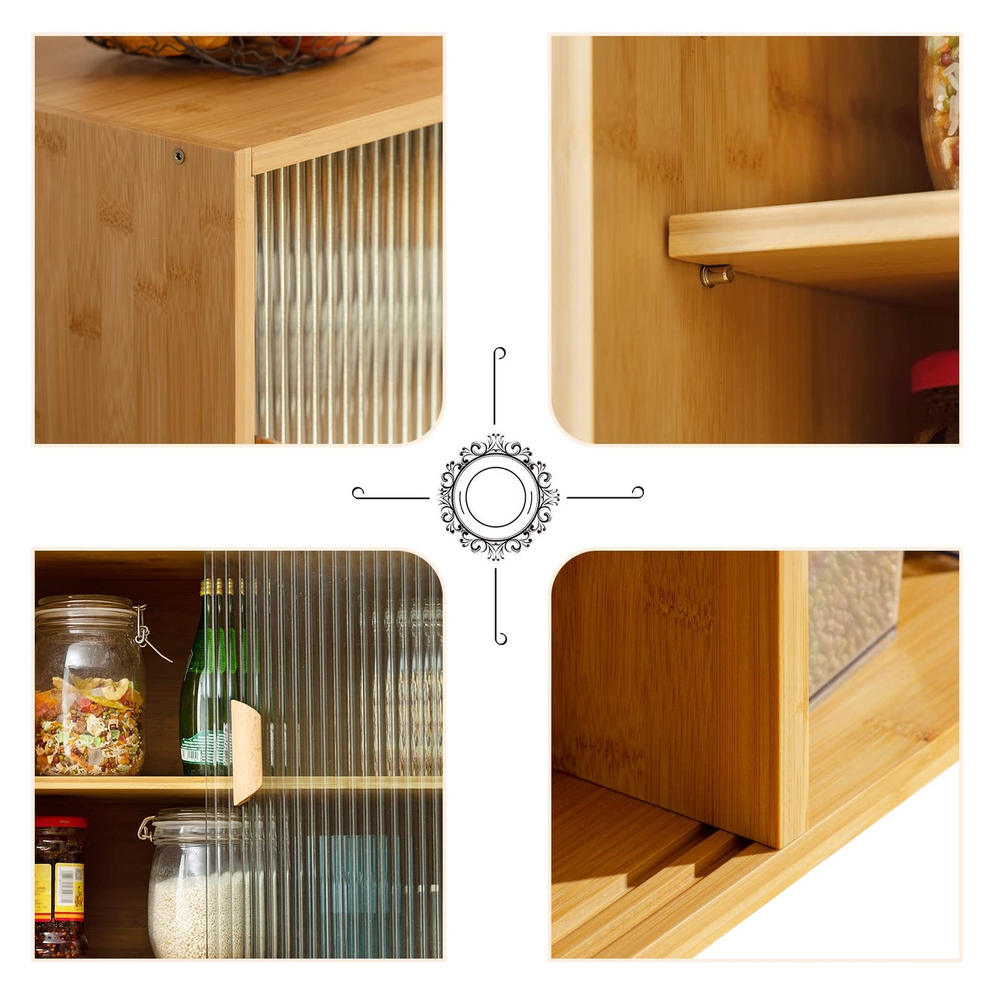HollyHOME Bamboo Wall Mounted Kitchen Pantry Sideboard with 2 Doors and Adjustable Shelves, Freestanding Wall Storage Cabinet with Shelf for Bottle, Dish, Bowl, Console Dining Cupboard, Burlywood