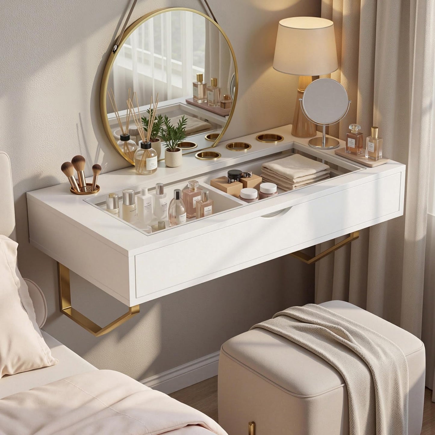 MIUJOTI Floating Vanity Makeup Table, 31 inch Wall Mounted Desk for Bedroom Dressing Room, Vanity Shelf with Drawer, White