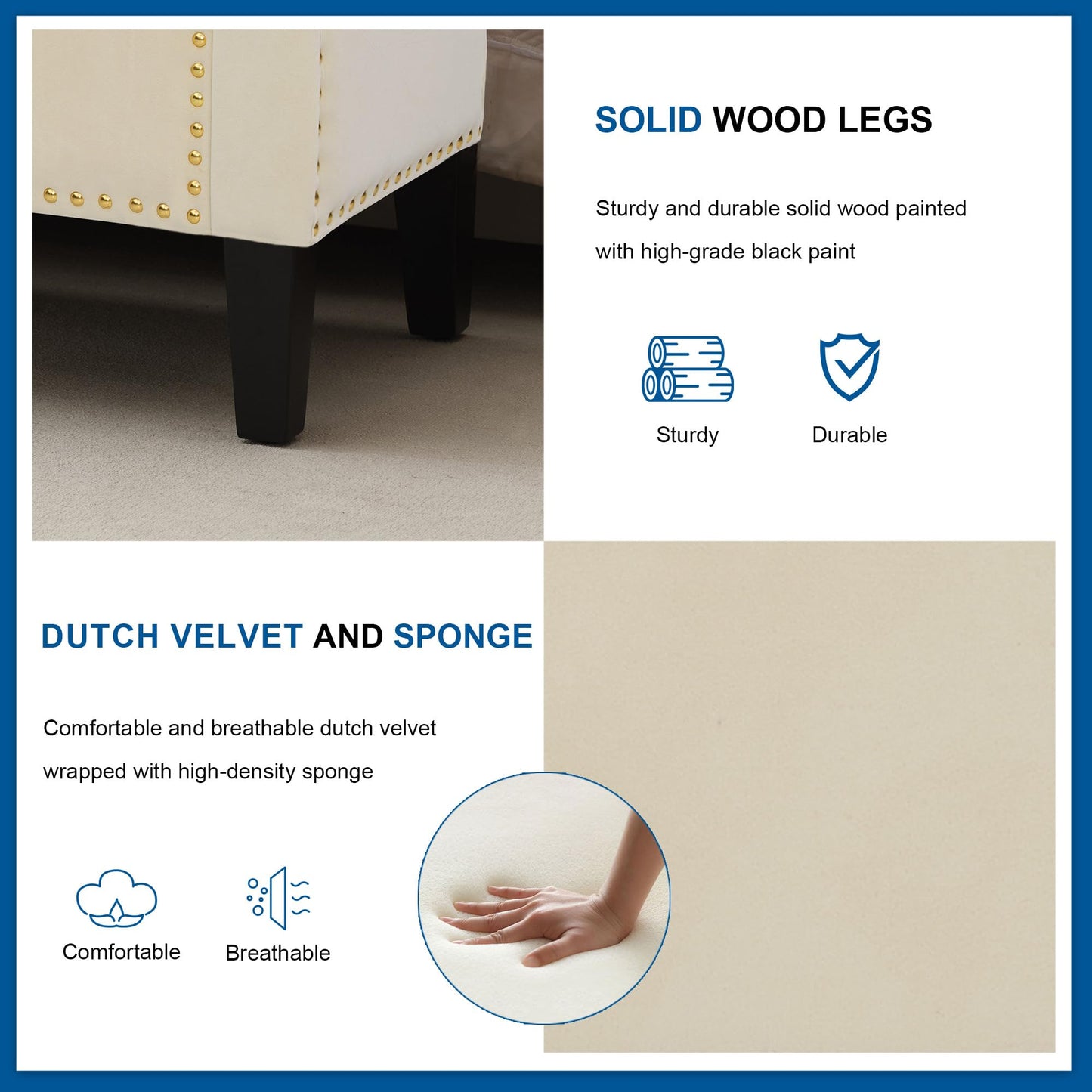 UDAX Storage Ottoman Bench, Velvet Upholstered Footstool for Bedroom and Living Room, Frosted Flannel Seat with Storage, Wooden Legs & Metal Rivets, Beige