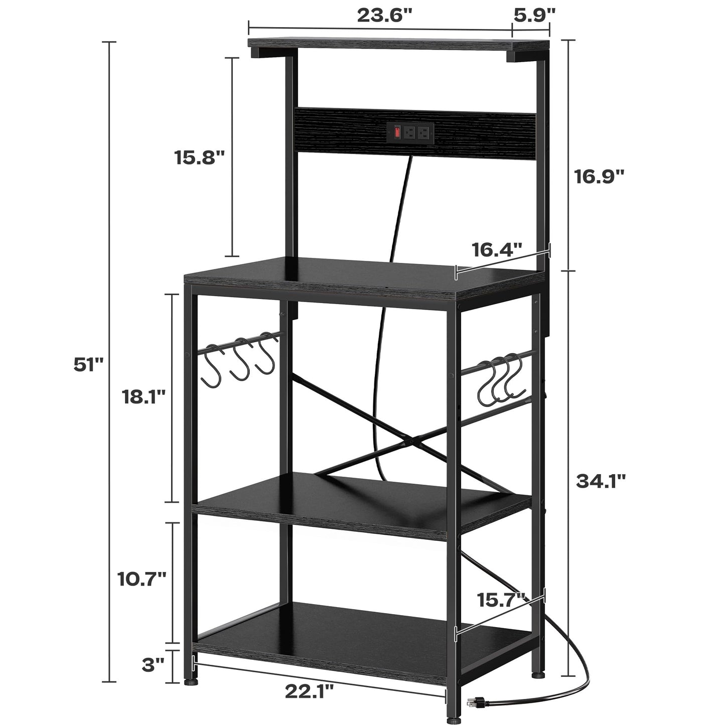 SUPERJARE Kitchen Bakers Rack with Power Outlet, Coffee Bar Table 4 Tiers, Kitchen Microwave Stand with 6 S-shaped Hooks, Storage Shelf Rack for Spices, Pots and Pans - Black