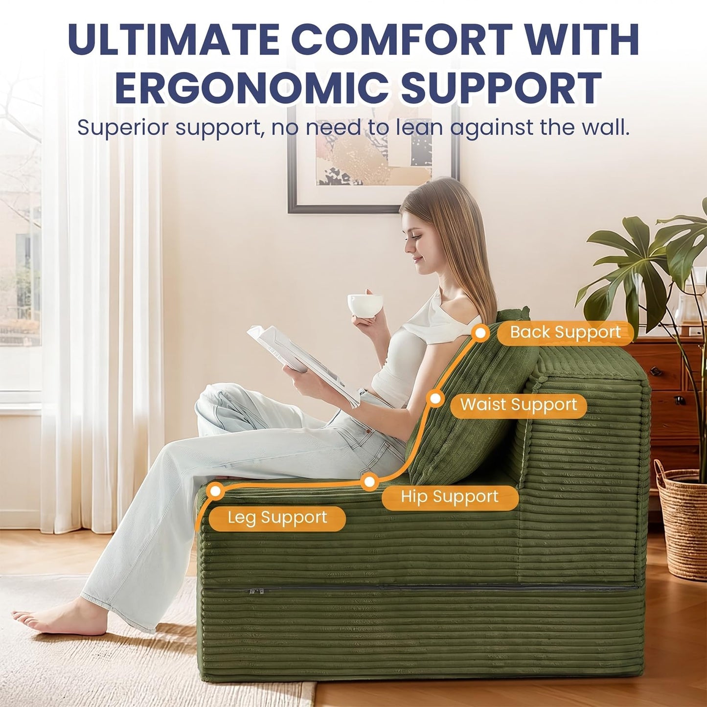 Erament Folding Sofa Bed, 8" Convertible Sleeper Sofa Fold Out Chair Bed with Pillow, Portable Floor Couch Lounge Sofa for Living Room Bedroom Guest Room, Green