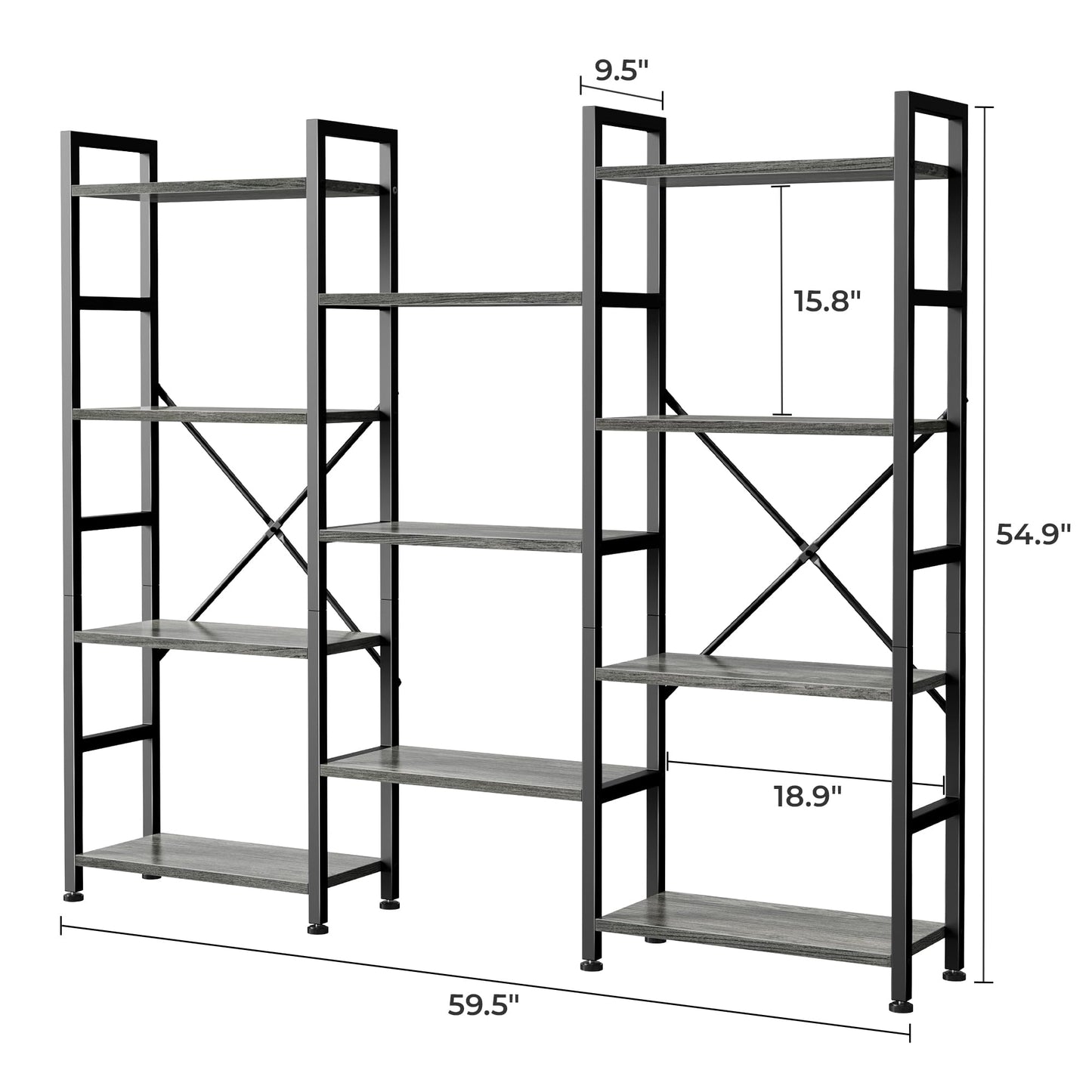 SUPERJARE Triple Bookshelf, Bookcase with 11 Open Display Shelves, Wide Book Shelf Book Case for Home & Office, 4 Tier, Grey