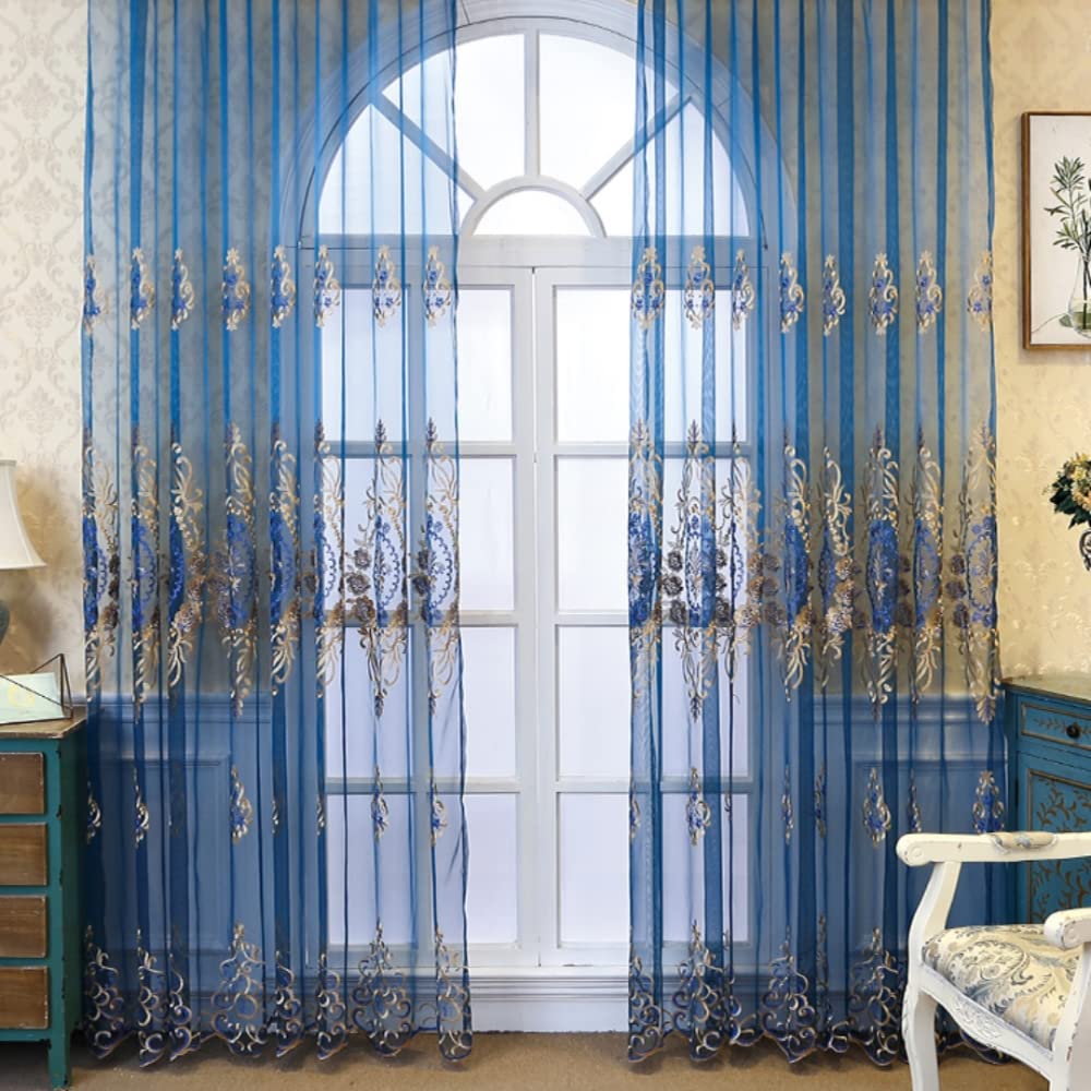 Amidoudou 1 Pair European Jacquard Sheer Curtains for Living Room Bedroom Luxury Embroidered Tulle Curtains (Blue,52x90 Inch)