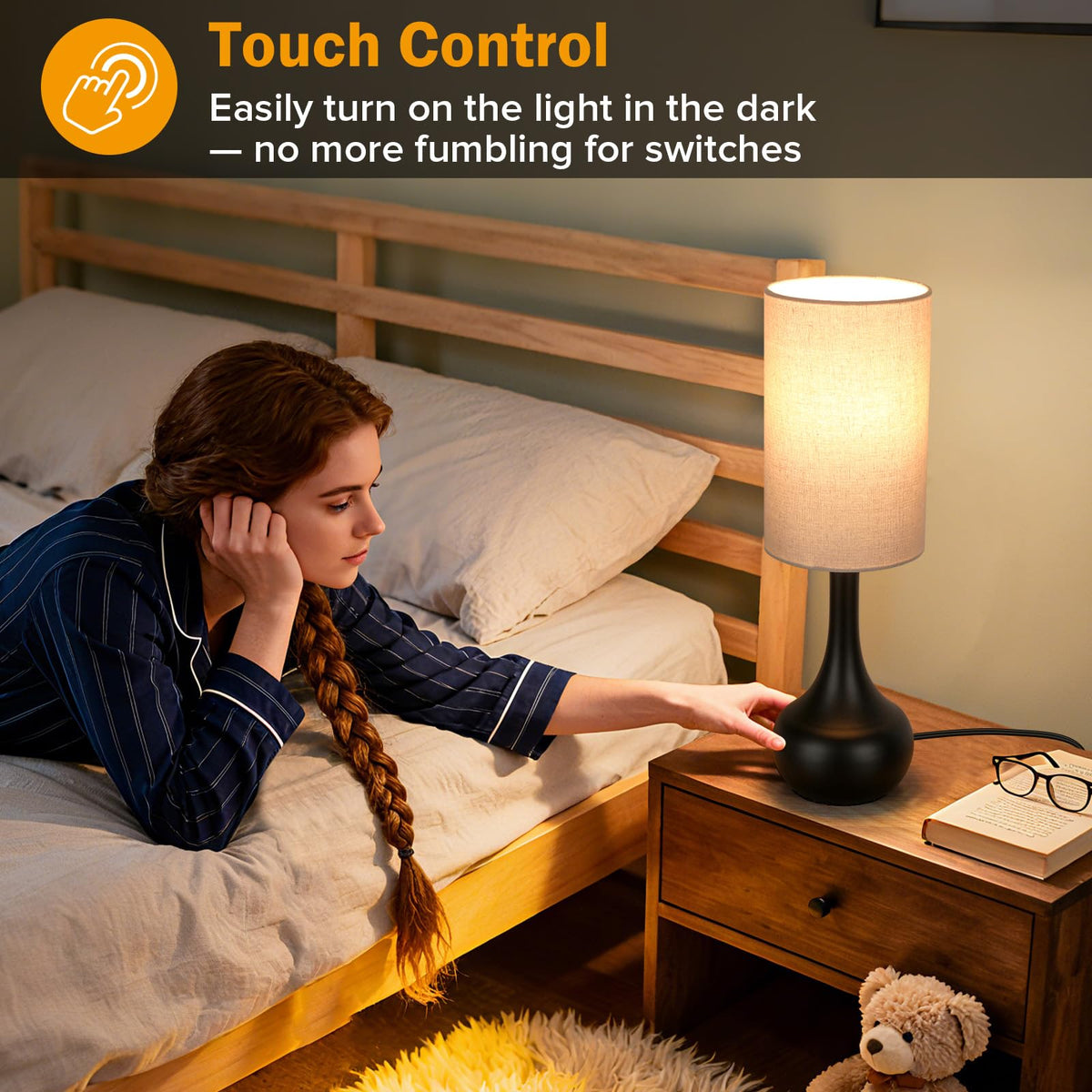 LEDIKON Touch Bedside Lamp for Nightstand,3-Way Dimmable,Space Saving & No Assembly Required, Upgraded Small Droplet Vintage Black Table Lamp for Bedroom, Living Room (2700K LED Bulb Included)