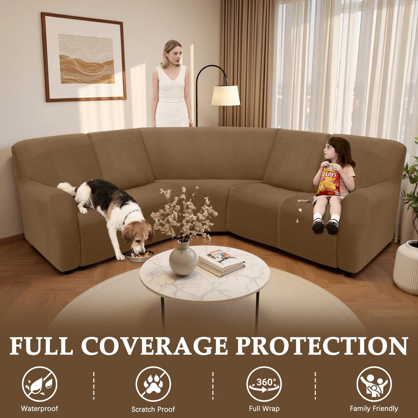 ROFASVCO Couch Covers for Sectional Sofa Reclining L Shape Waterproof Washable Sectional Couch Covers Super Stretch Recliner Sofa Slipcover(5 Seater Cover,Brown)