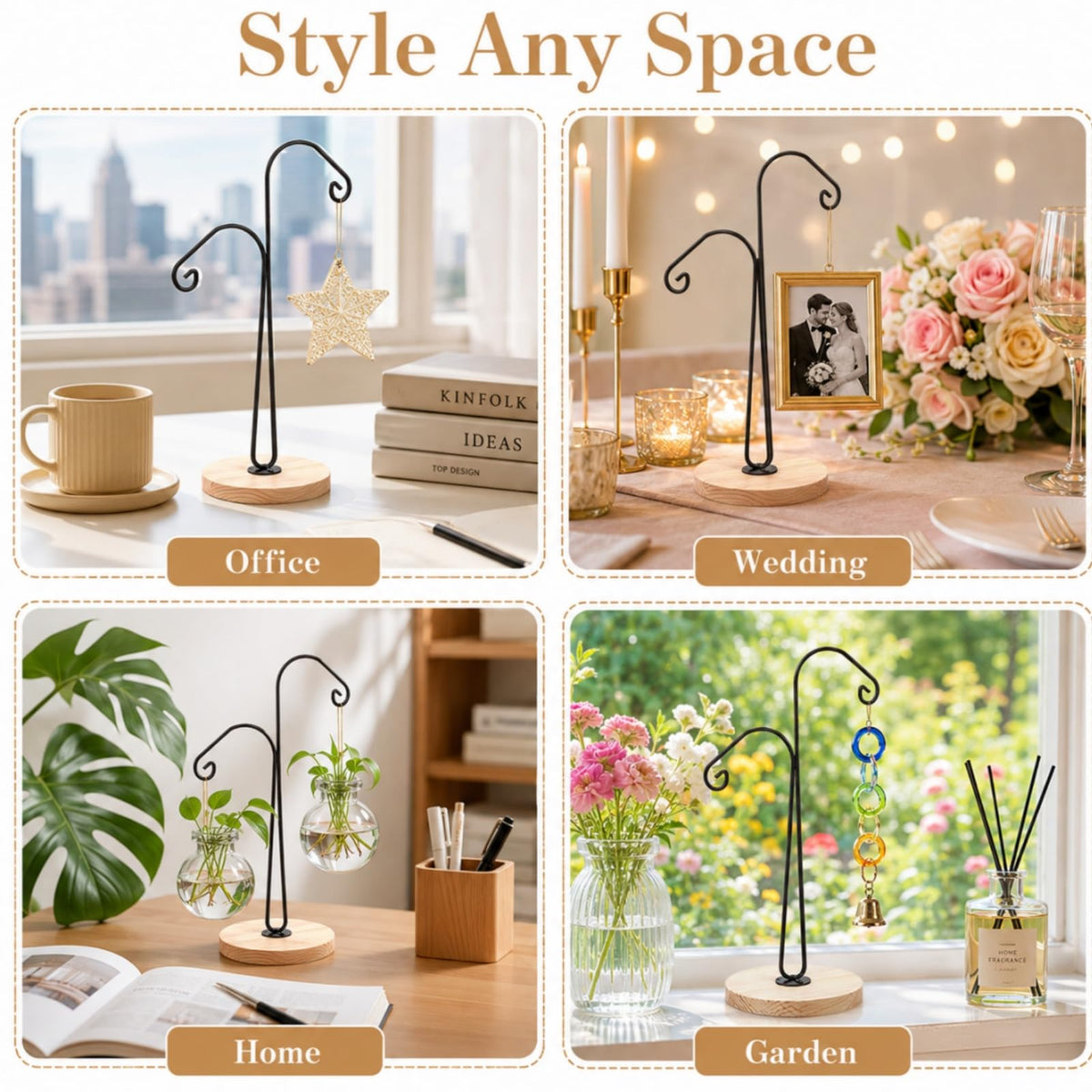 WRINGKIT 4 Pack Ornament Display Stand, Ornament Hanger Stand with 2 Arms, Metal Air Plant Flower Holder, Hanging Terrarium Stand for Christmas Halloween Decoration, Glass Crystal Ball