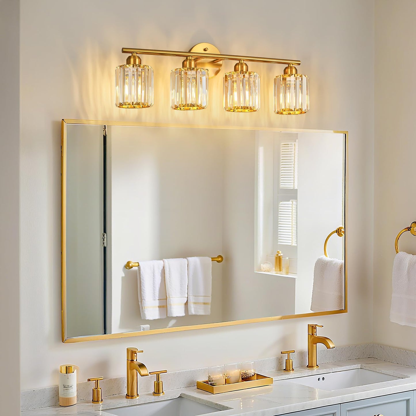 FDPBY Modern 4 Light Crystal Vanity Light, Brushed Gold Vertical Bathroom Light Fixture Over Mirror for Dressing Table Sink, Compatible with Dimmable Bulbs (Bulbs Not Included)