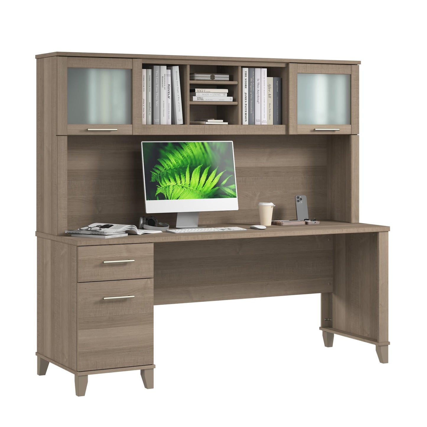Bush Home 72-Inch Office Desk with Drawers and Hutch, Computer Desk with File and Box Drawers, Shelves and Storage Cabinet, Home Office Workstation, Somerset Collection, Ash Gray