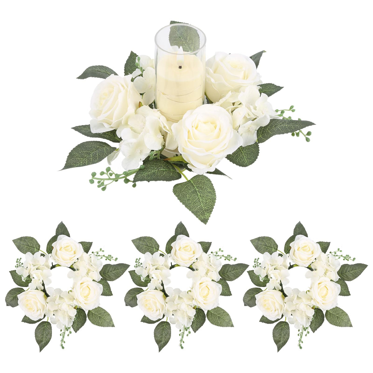 UUXX 4PCS Candle Rings, Floral Candle Wreath Rings, Silk Roses Hydrangea Flowers Candle Wreaths Rings for Table Centerpieces Wedding Valentine's Day Party Decor (Cream White)