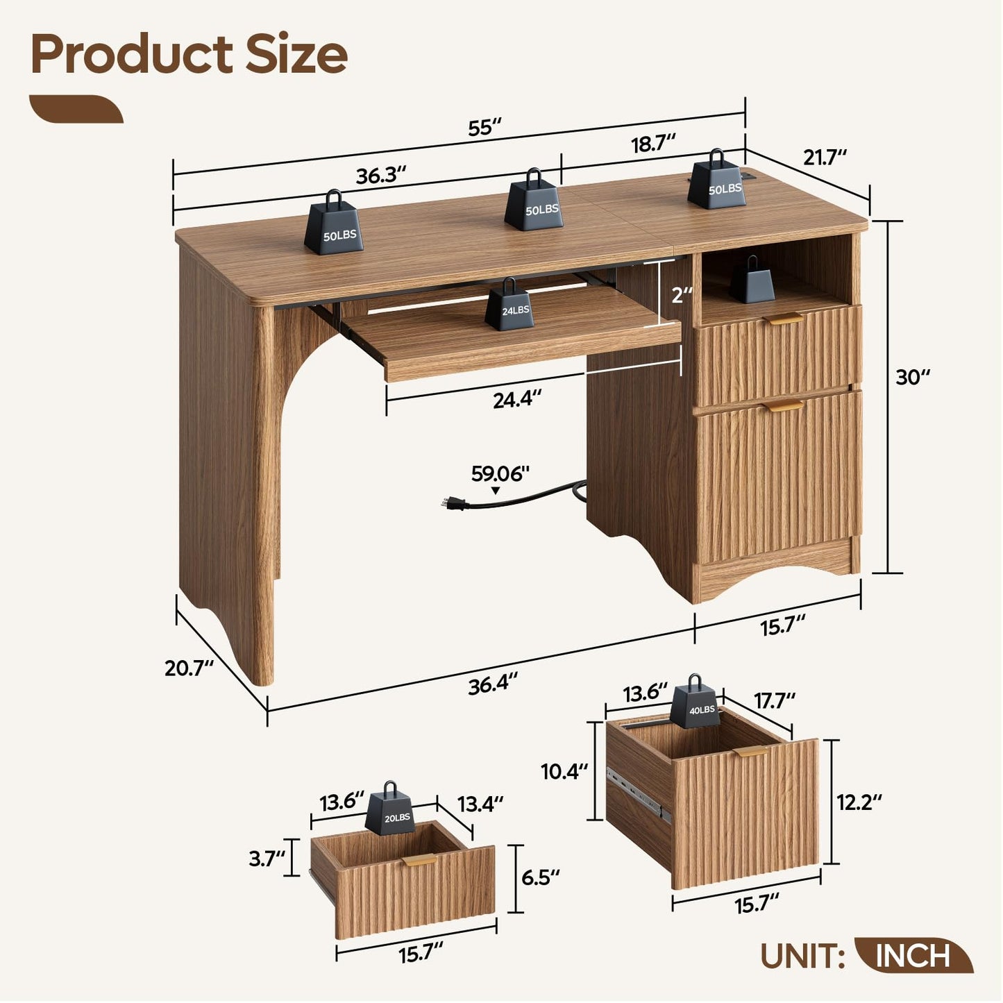 Bestier Computer Desk with Drawer, 55 inch Office Desk with Power Outlet, Modern Home Office Desk with Keyboard Tray (55" W with Single-Sided Drawers)