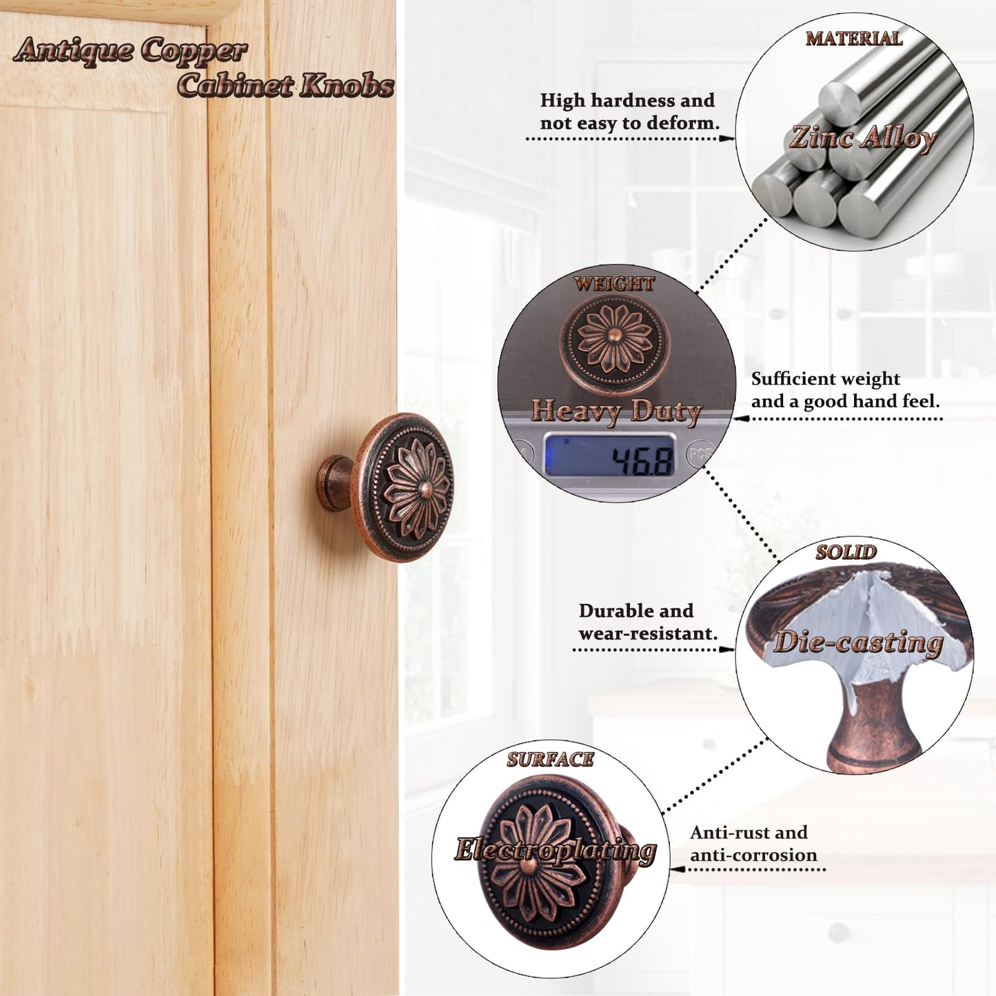 DWYL & LWYD Cabinet Knobs 10 Pack,Antique Copper Solid Zinc Alloy Flower Pattern,1-2/5"Dia Round Copper Kitchen Cabinet Handles for Cabinets, Vintage Dresser Drawer Knobs