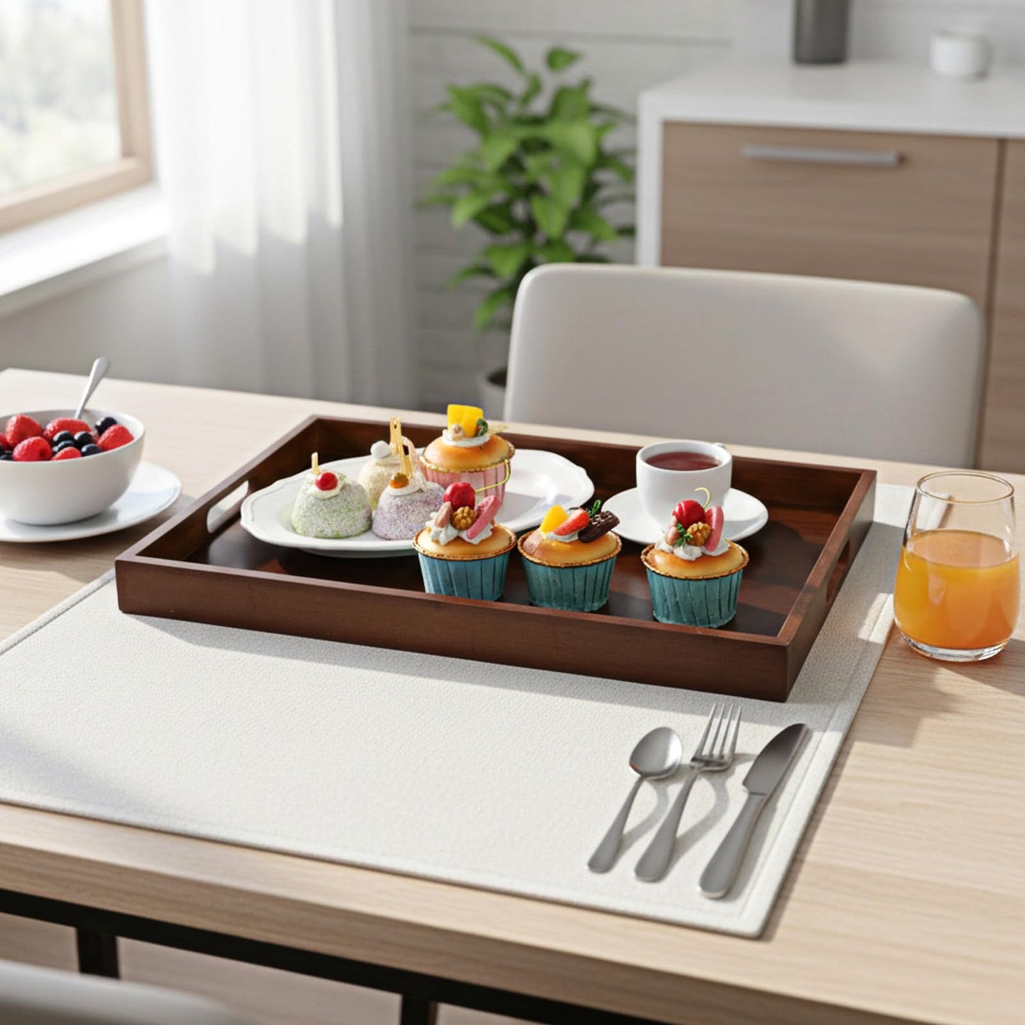 KongTiva 17.3 Inch Acacia Wood Serving Tray with Handles, Large Wooden Ottoman Tray for Breakfast in Bed, Dinner, Coffee Table, Decorative Rectangular Tray for Living Room Bedroom Entryway Kitchen