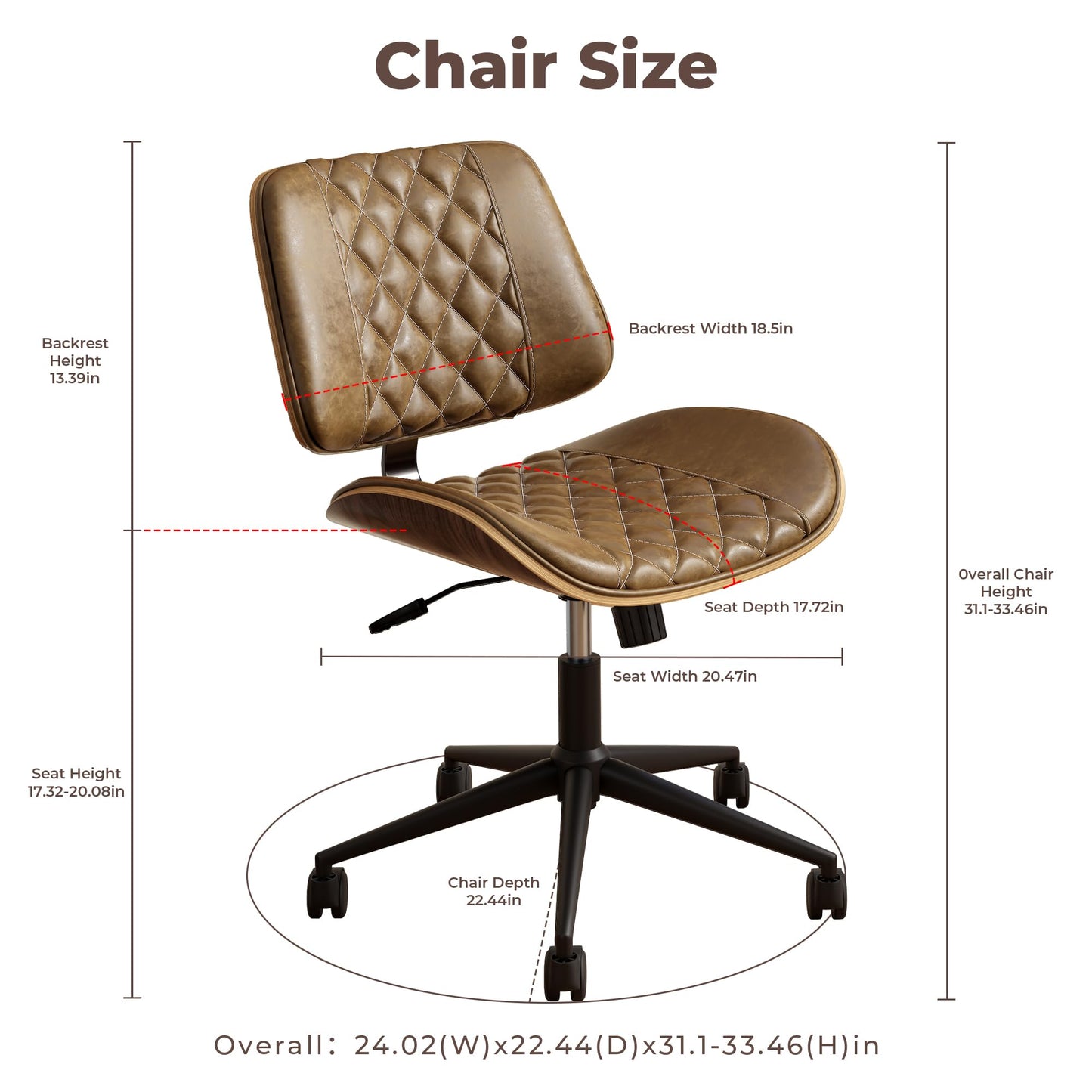 zavxzren Home Office Chair No Arms with Wheels, Armless Adjustable Height Small Desk Chair, Armless PU Leather Computer Chair Mid Back 360 Swivel, Modern Walnut, Reading Meeting Room (Brown)