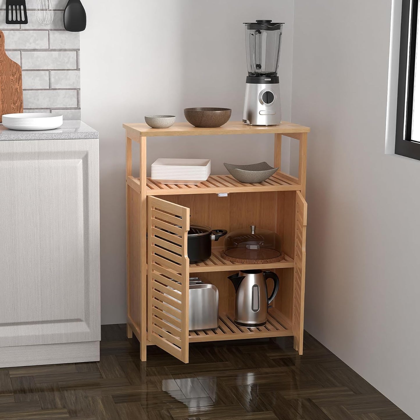 FoverOne Bamboo Bathroom Storage Cabinet with 2 Doors, Bathroom Floor Freestanding Cabinets Organizer for Living Room, Kitchen, Entryway