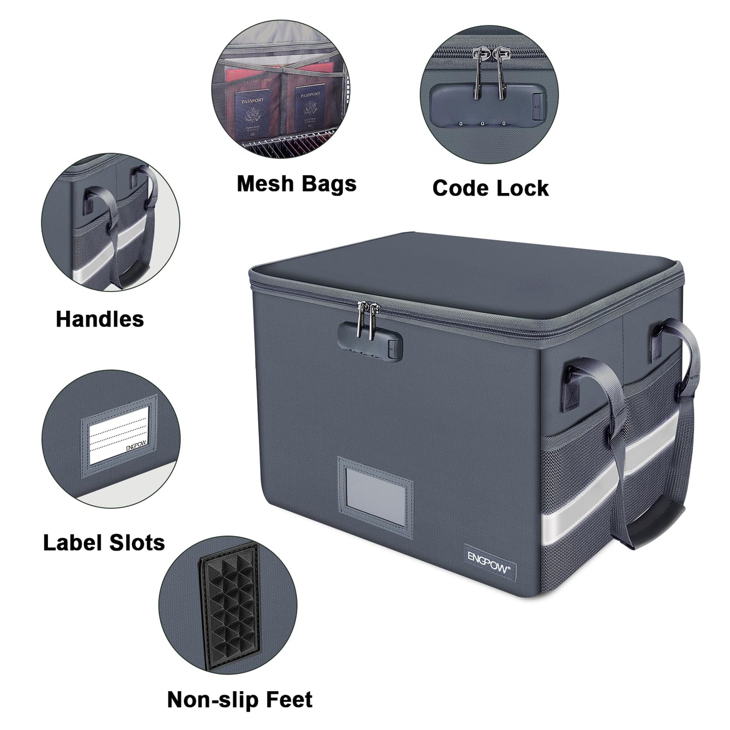 ENGPOW File Box with Lock, Fireproof Document Box with Pockets, Collapsible File Organizer Filing Storage Cabinet with Handle, Portable Home Office Safe for Hanging Letter/Legal Folders,Gray,2 Pack