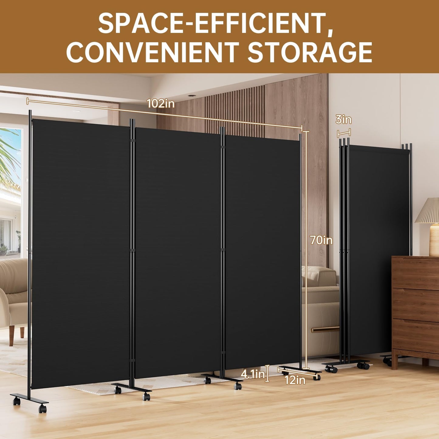 Room Divider 102'' Wide Folding Room Divider Panel with Wheels, 3 Panel Wall Divider for Room Separation, (Upgraded Metal Base) Portable Room Privacy Screen for Space Separator Partition Room Dividers