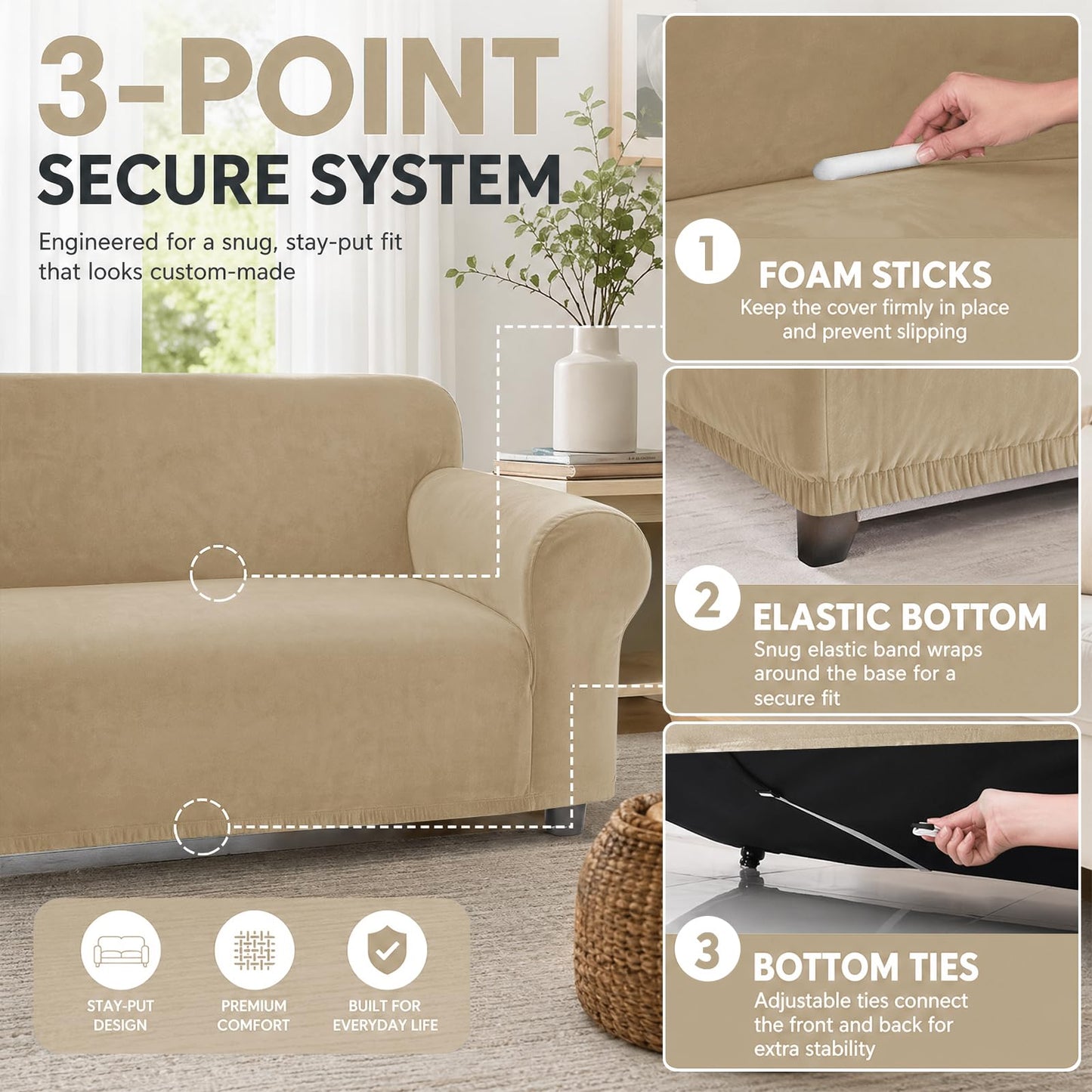 YEMYHOM Real Velvet Couch Covers for 2 Cushion Couch High Stretch 1 Piece Loveseat Slipcover for Pets Dogs Anti Slip Love Seat Sofa Slipcover Furniture Protector (55"-69", Camel)