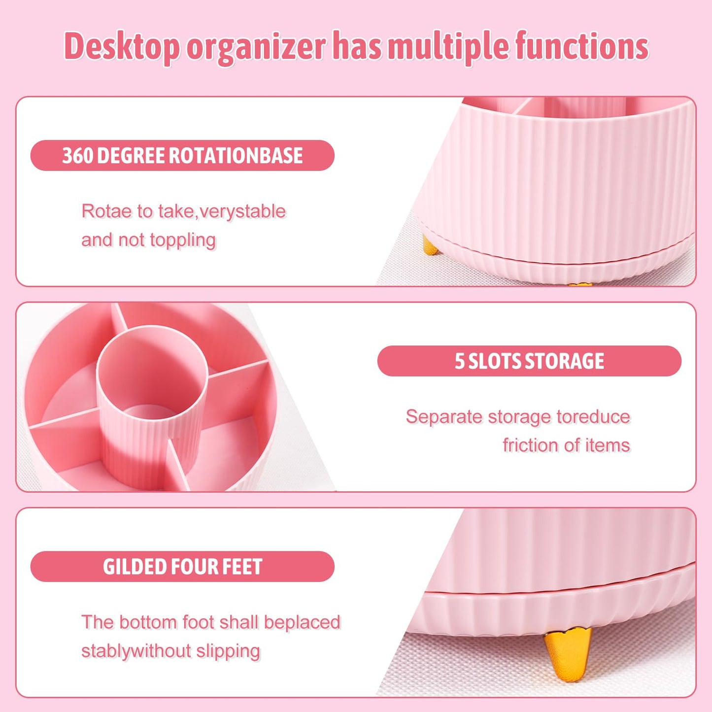 Gawsey Pink Desk Organizers and Accessories with Desk Organizer 360° Rotating Pen Holder and Office Supplies, Cute Stationery Supplies Set