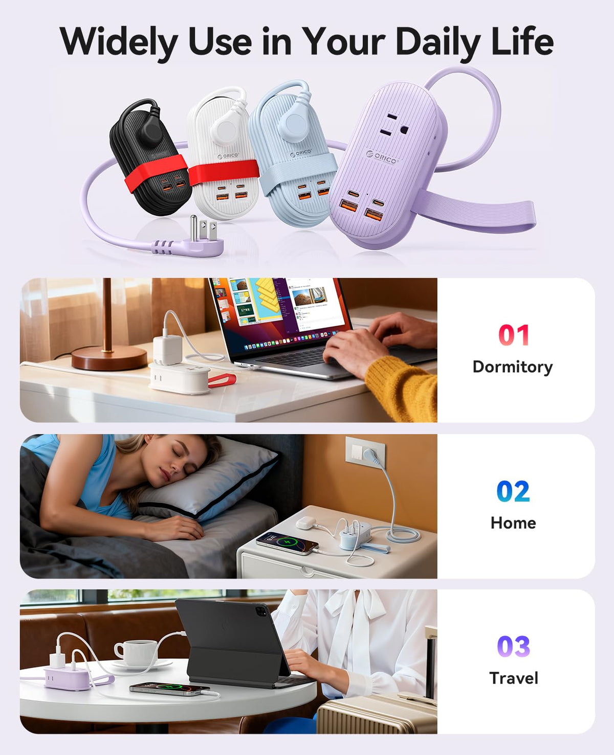 ORICO 65W USB Travel Power Strip, 7 in 1 Charging Station with 3AC, 2 USB-A, 2 USB-C, Flat Plug and 4ft Extension Cord, Fast Charger for MacBook, iPad, iPhone 17/16/15 - TK65