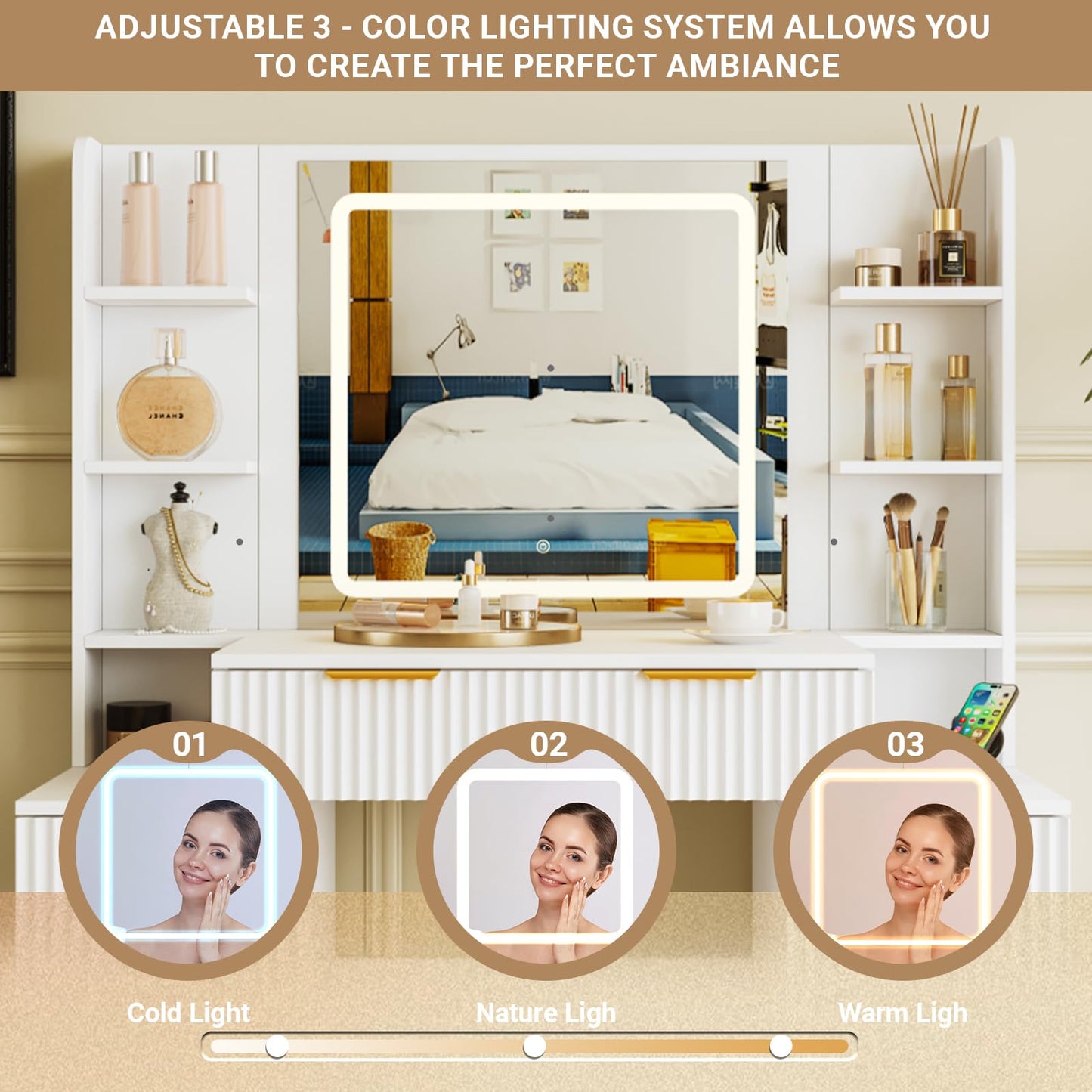 Mojztezy White Vanity, 3 LED Light Modes, 6 Shelves, 3 Drawers, 2 Adjustable Shelves Cabinets, with Mirror & Power Outlets Hair Tool Holder, Dormitory Apartment Bedroom Dressing Table