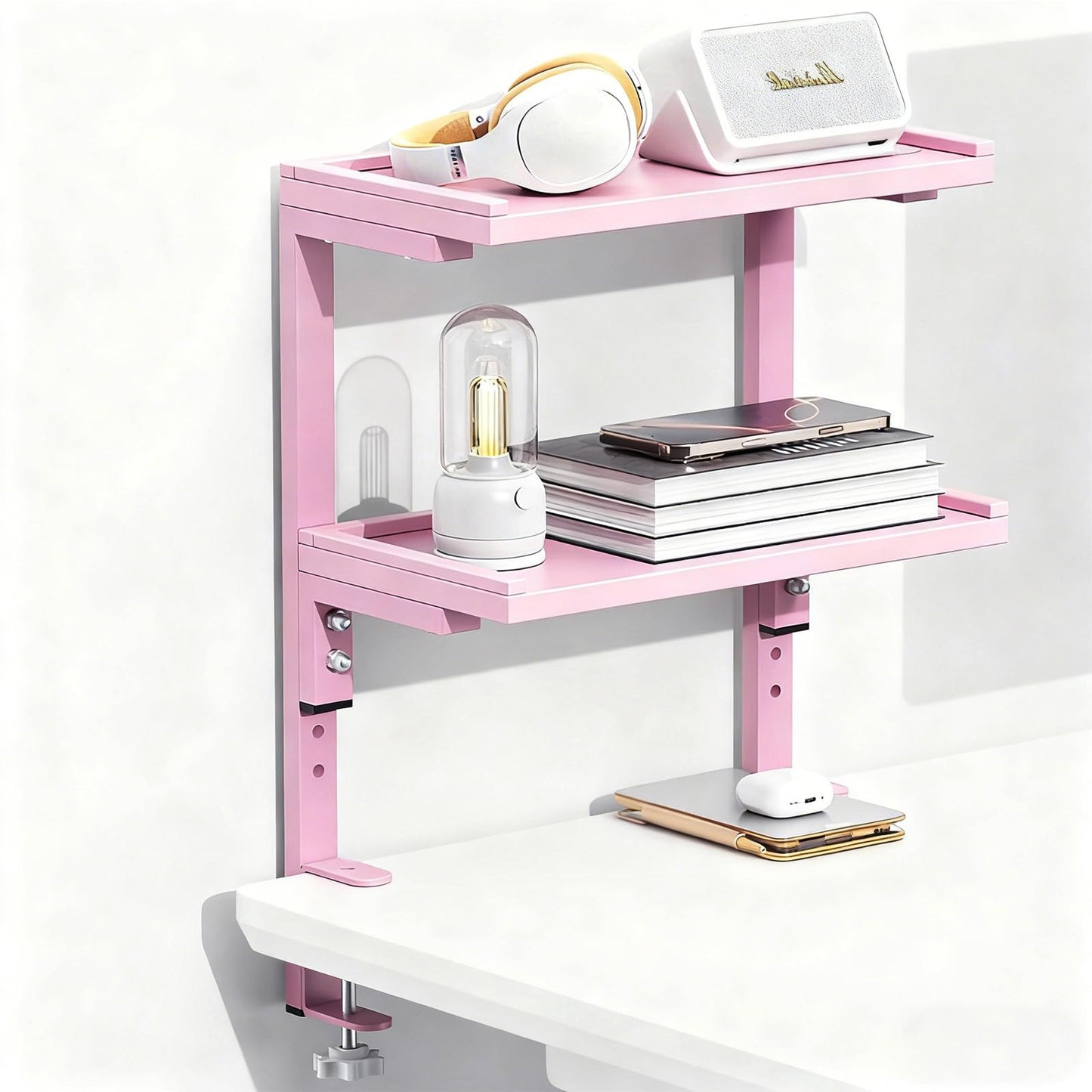 Spacrea clamp on Desk Shelf, 2 Tier Office Desk Shelves Organizer, Wood Desktop Supplies Storage Rack, Desk Organizers and Accessories (Pink)