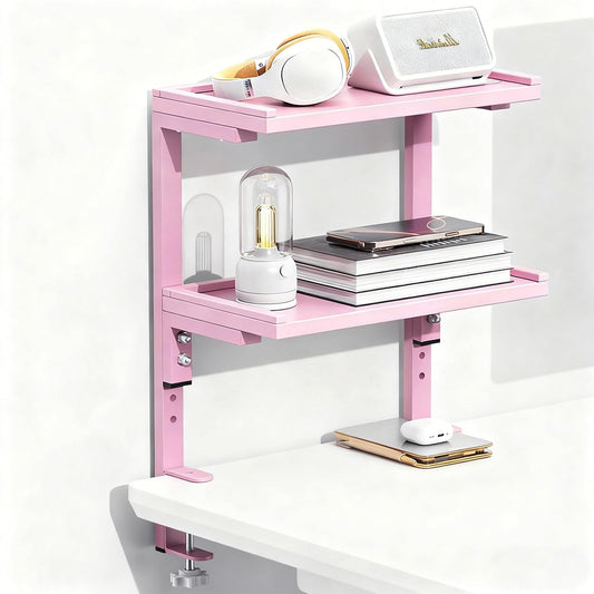 Spacrea clamp on Desk Shelf, 2 Tier Office Desk Shelves Organizer, Wood Desktop Supplies Storage Rack, Desk Organizers and Accessories (Pink)