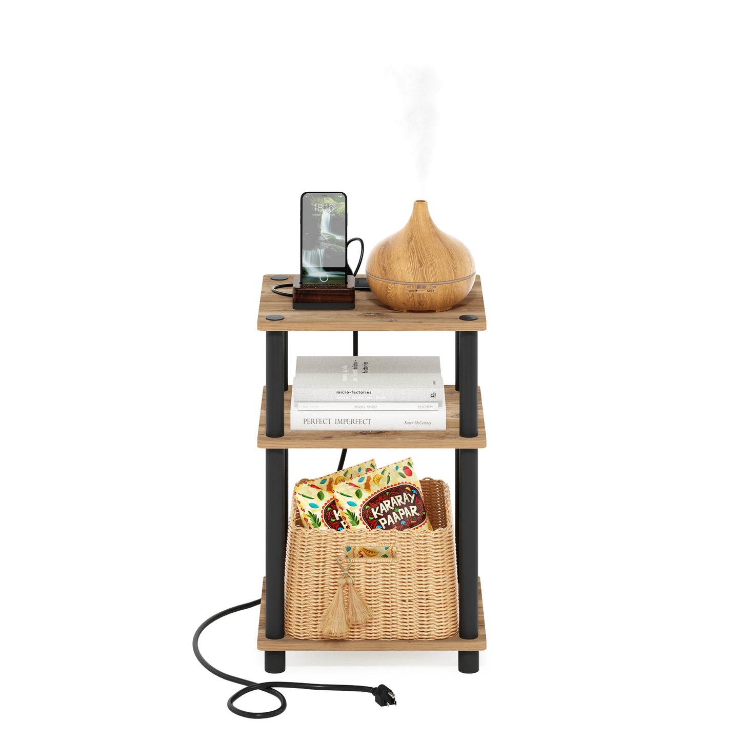 Furinno Just 3-Tier Turn-N-Tube USB and Type-C Charging Port End Table with Open Storage, 11.42 (W) x 8.82 (H) x 6.77 (D) inches, Flagstaff Oak/Black